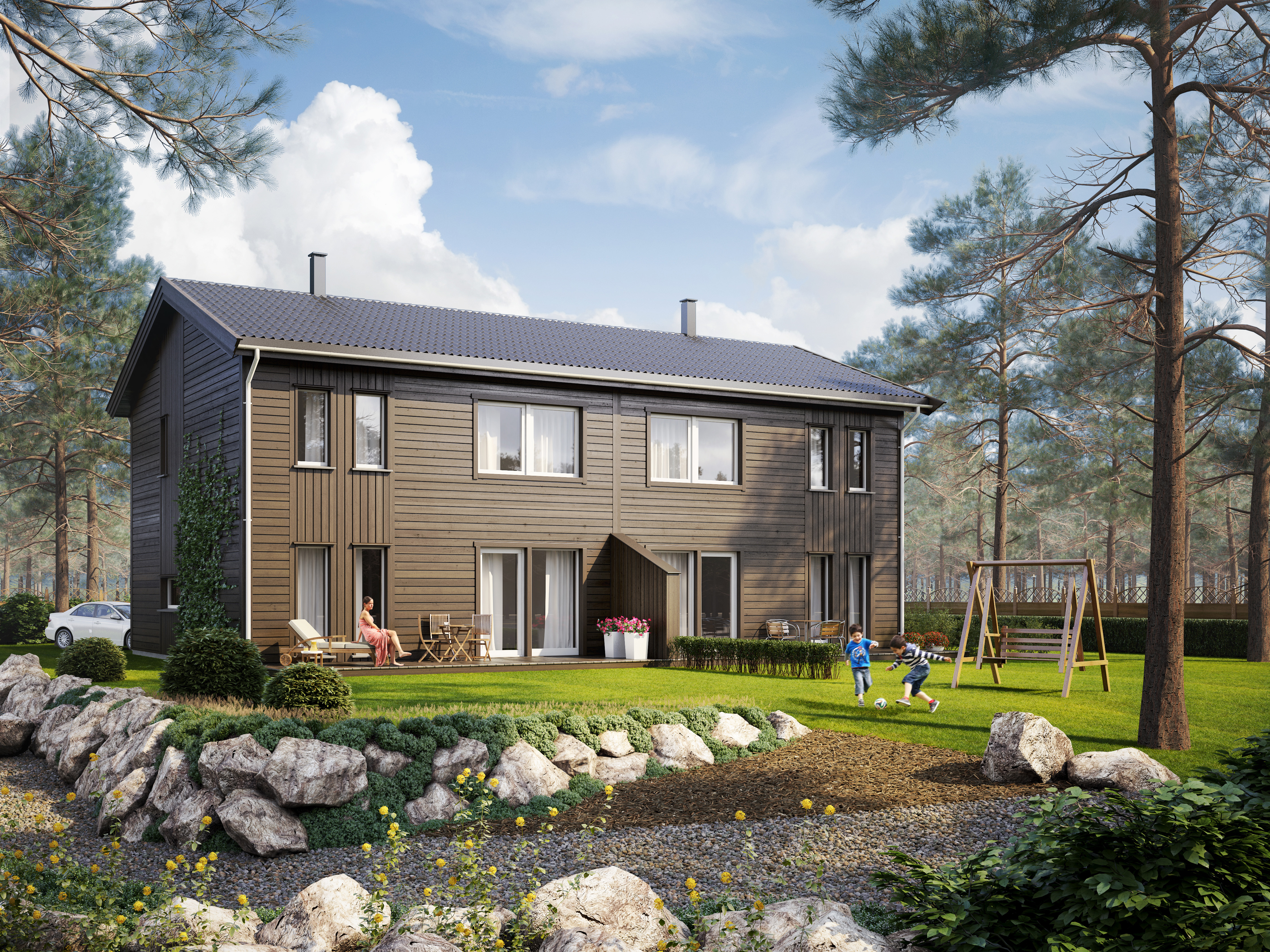 En huske på gården til et hus.