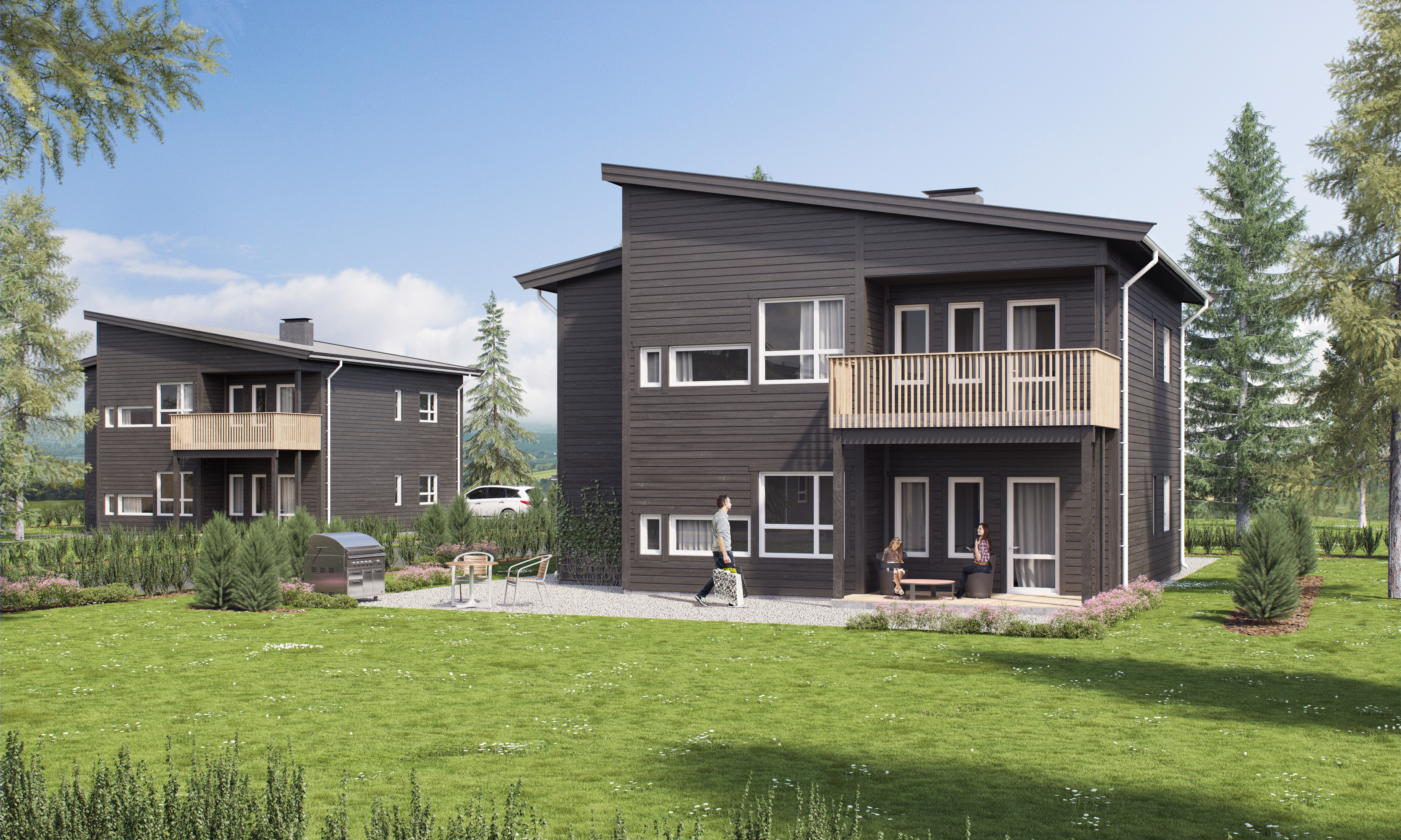 Et svart hus med balkong, visualisert for salg i 2016.