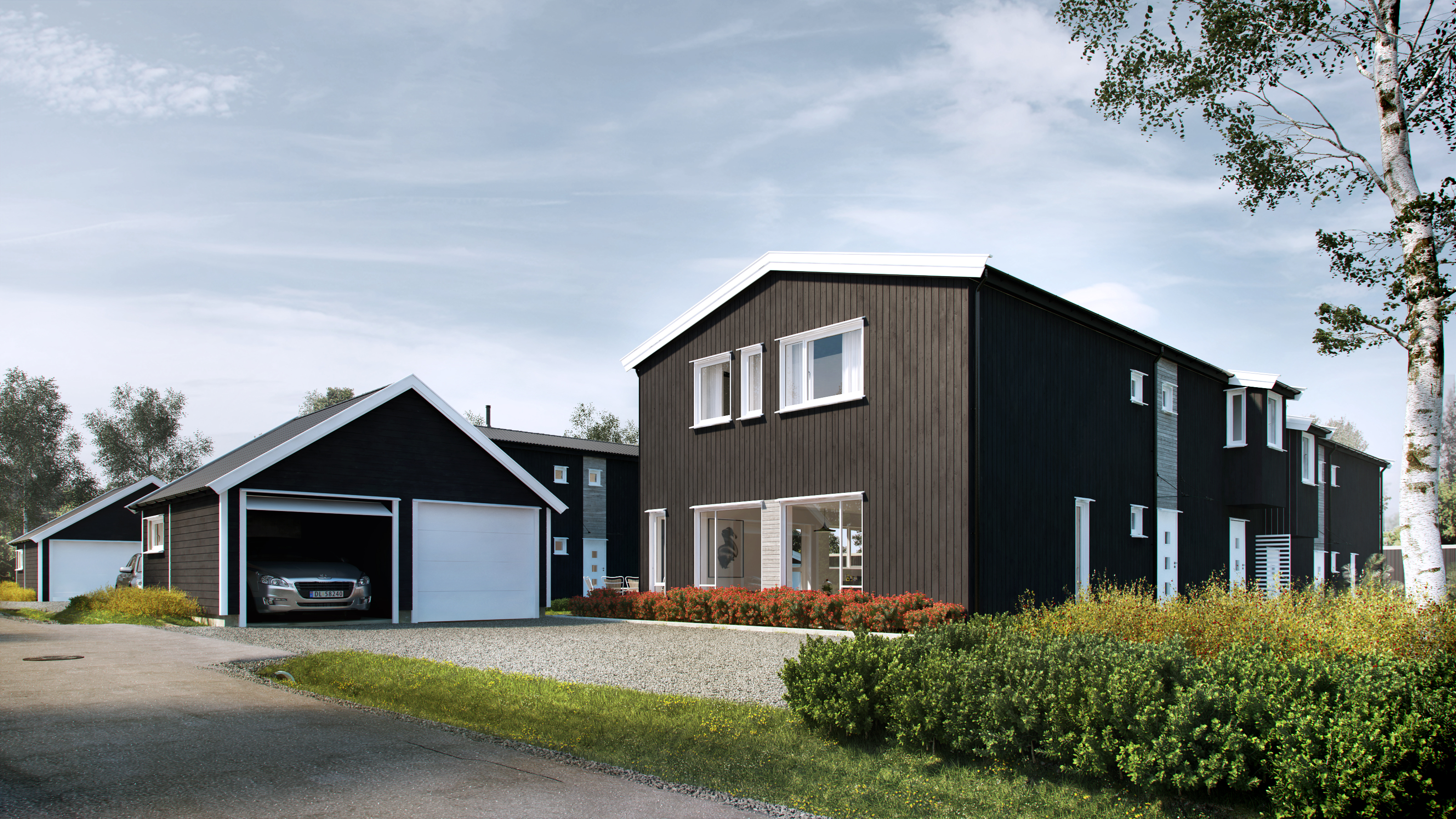Aekos visuelle gjengivelse i 2016 viser et svart hus med en garasje, som tjener formålet med salgsvisualisering.