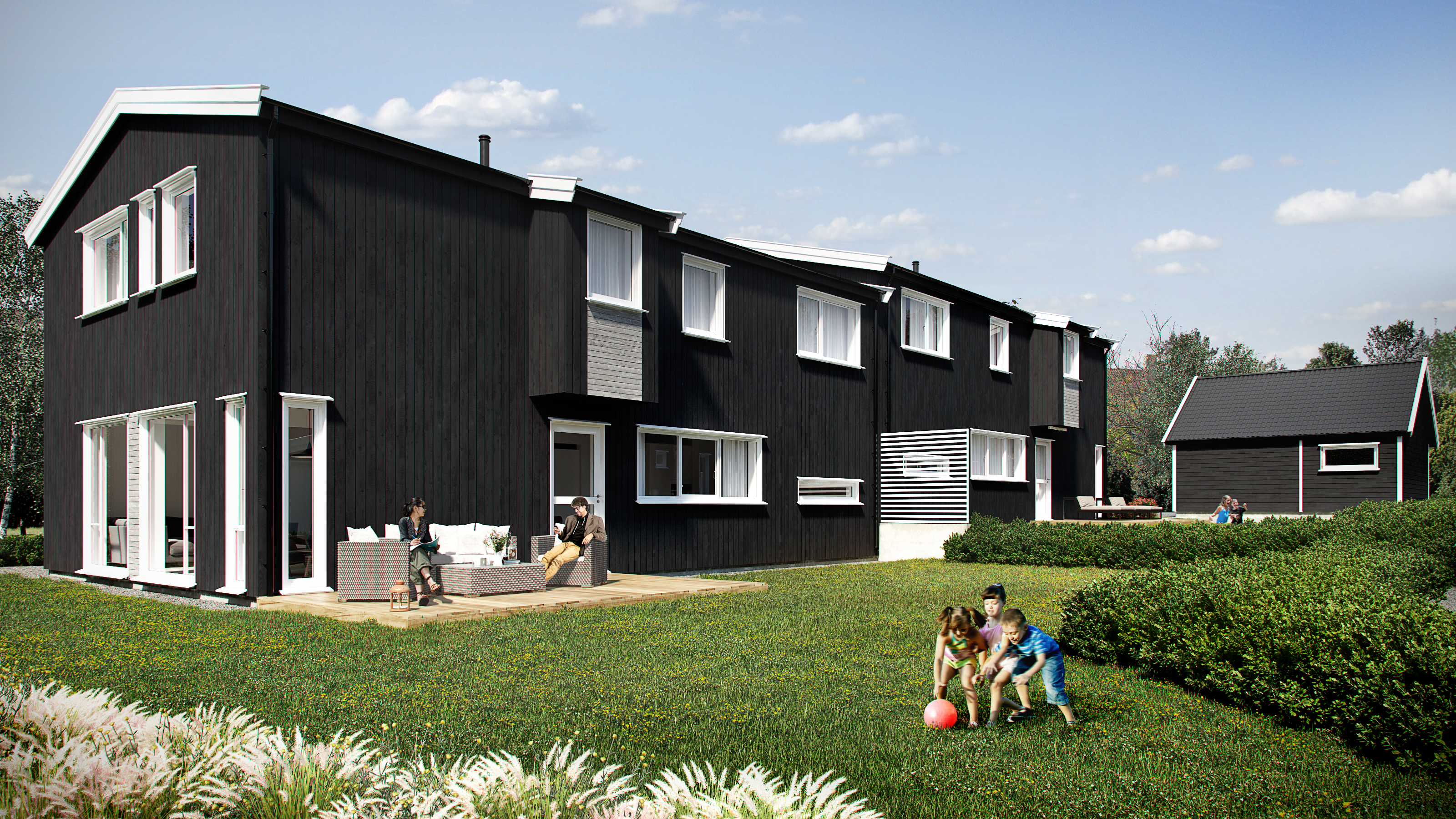 En visuell representasjon av et svart hus med en gresskledd hage laget for kunden Aeko i 2016.