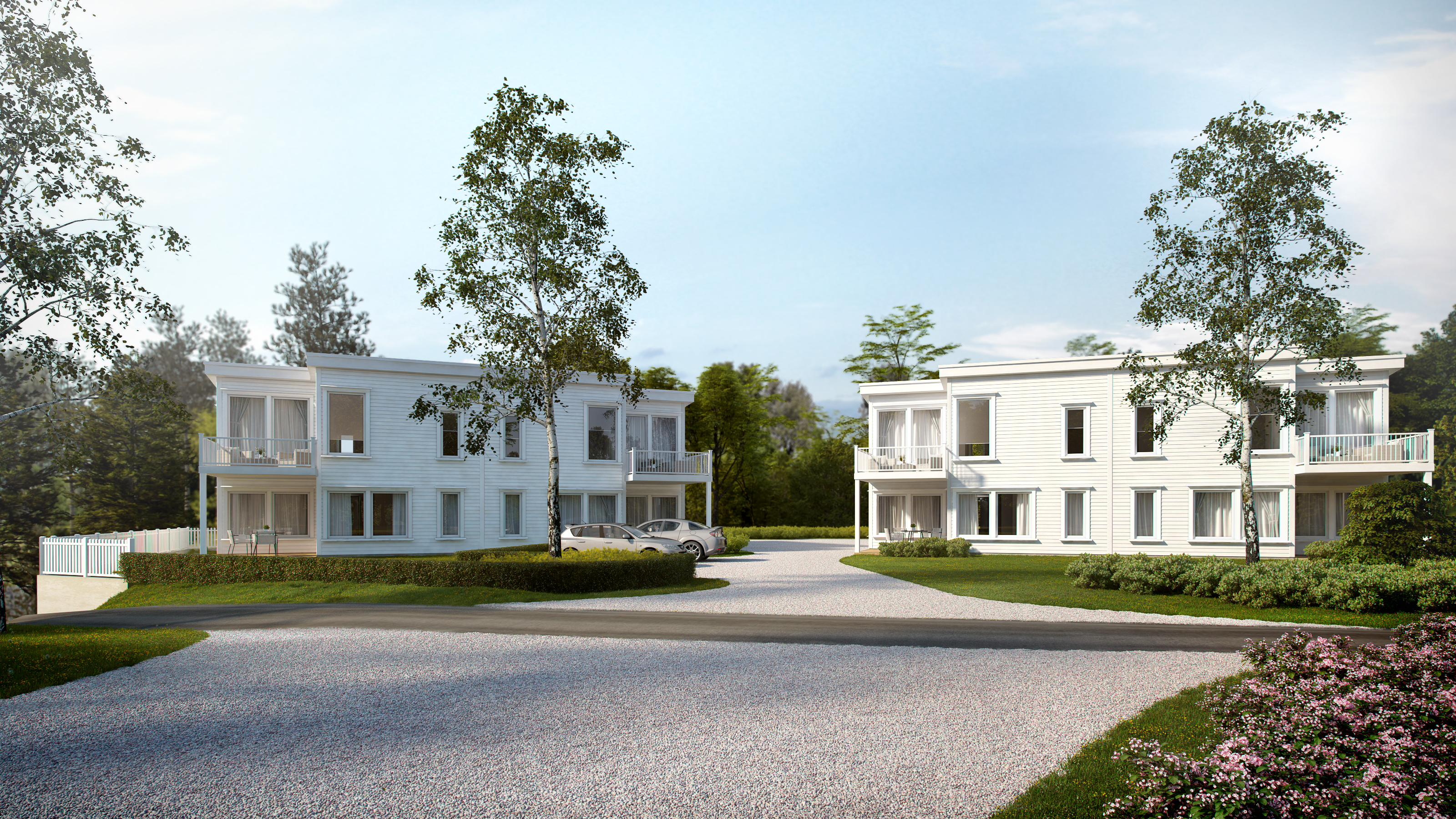 en gjengivelse av et hvitt hus med innkjørsel for visualiseringsformål, laget i 2016 for salg av Byggmester1.