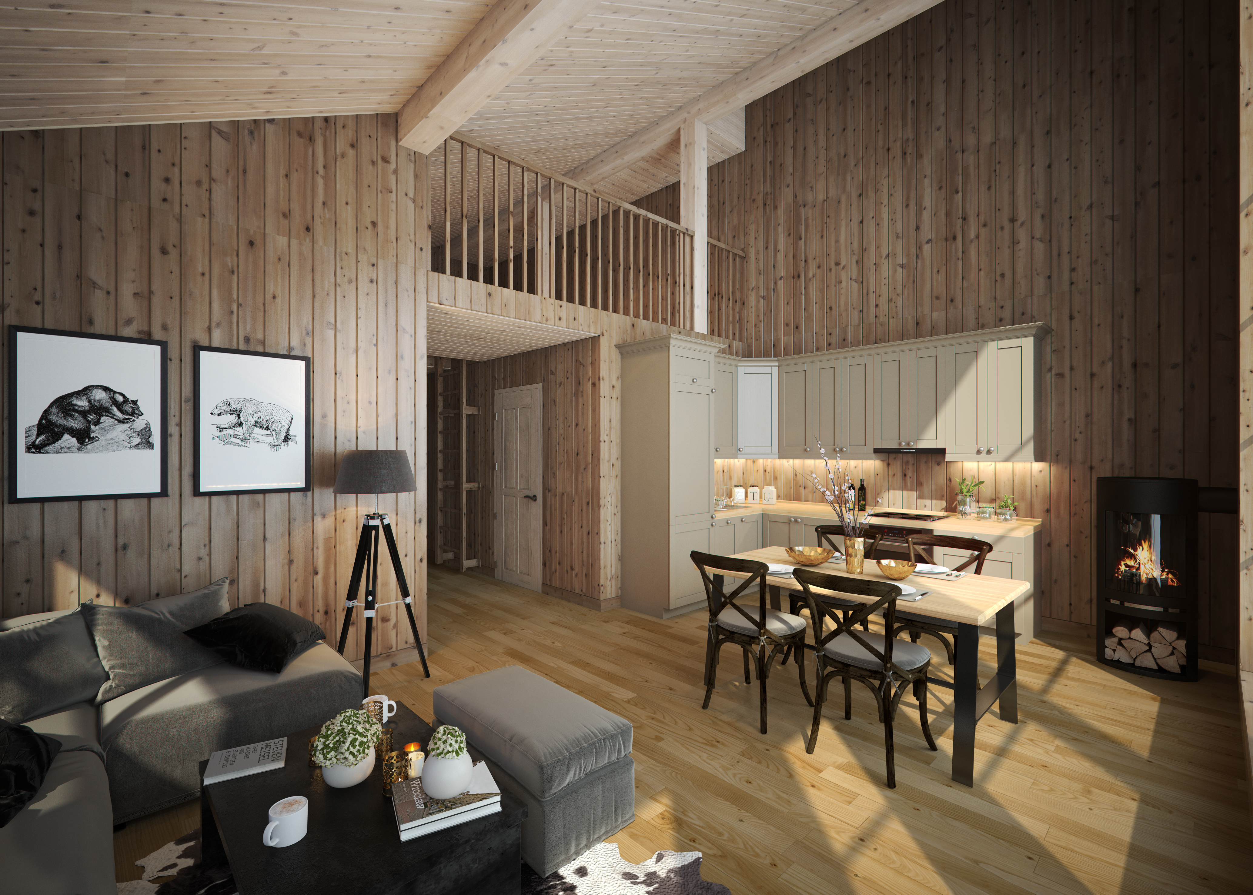 En 3D-gjengivelse av et tømmerhytte kjøkken og stue for visualisering av salg.