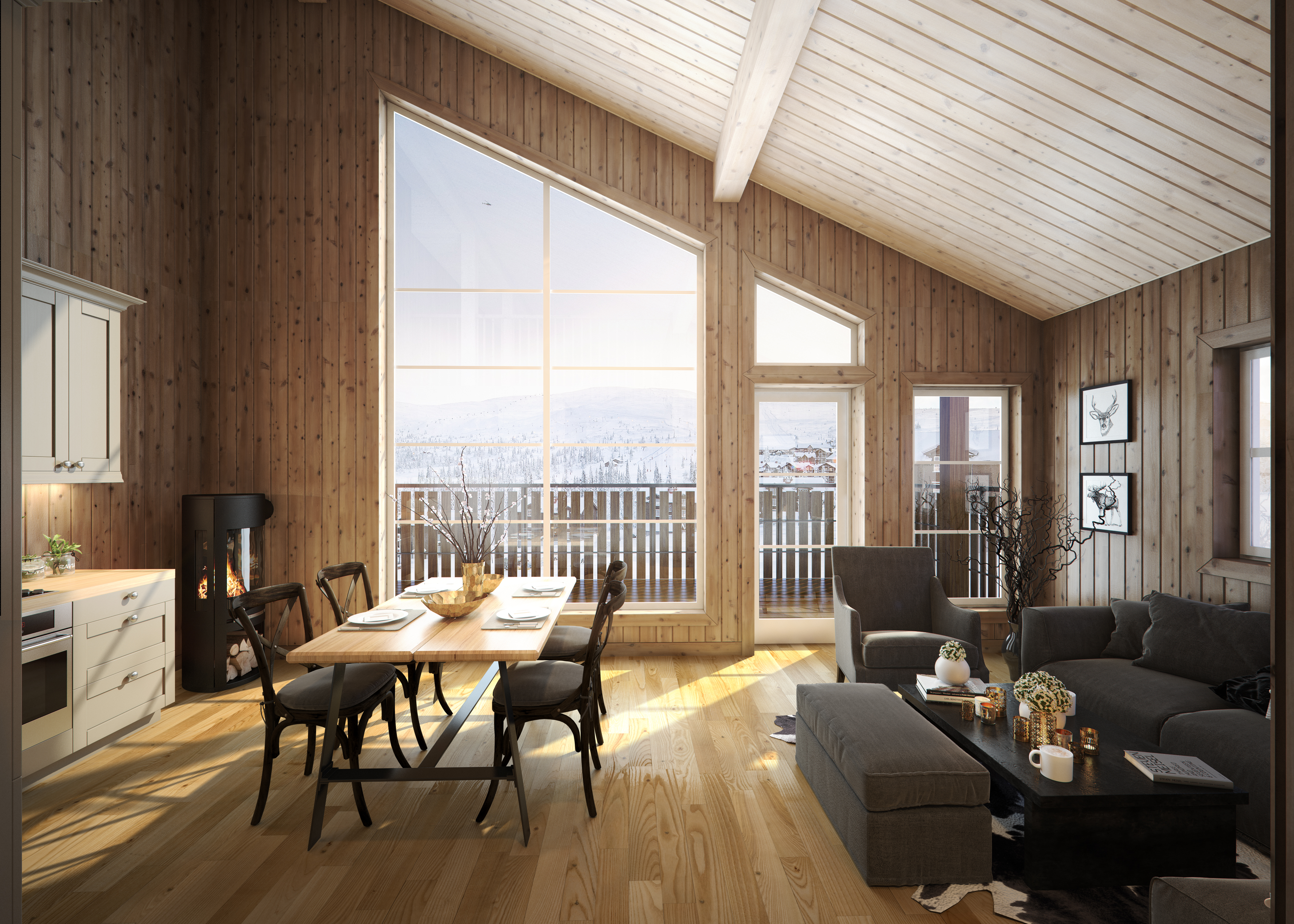 En 3D-gjengivelse av en stue i en tømmerhytte laget for å visualisere salgsformål i 2016.