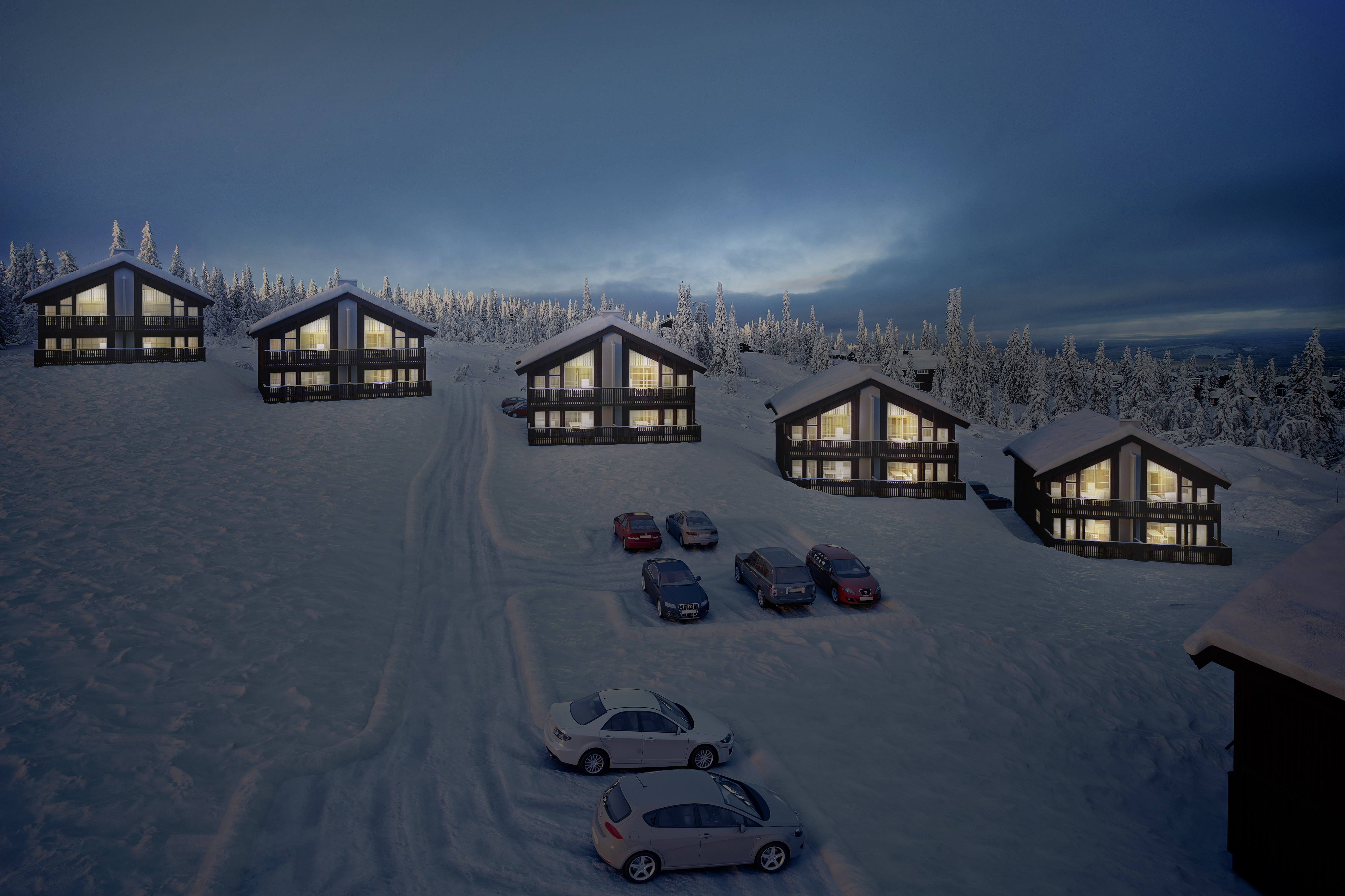Visualisering for salg av en gruppe biler parkert i en snødekt åsside for Klient: Oktan.