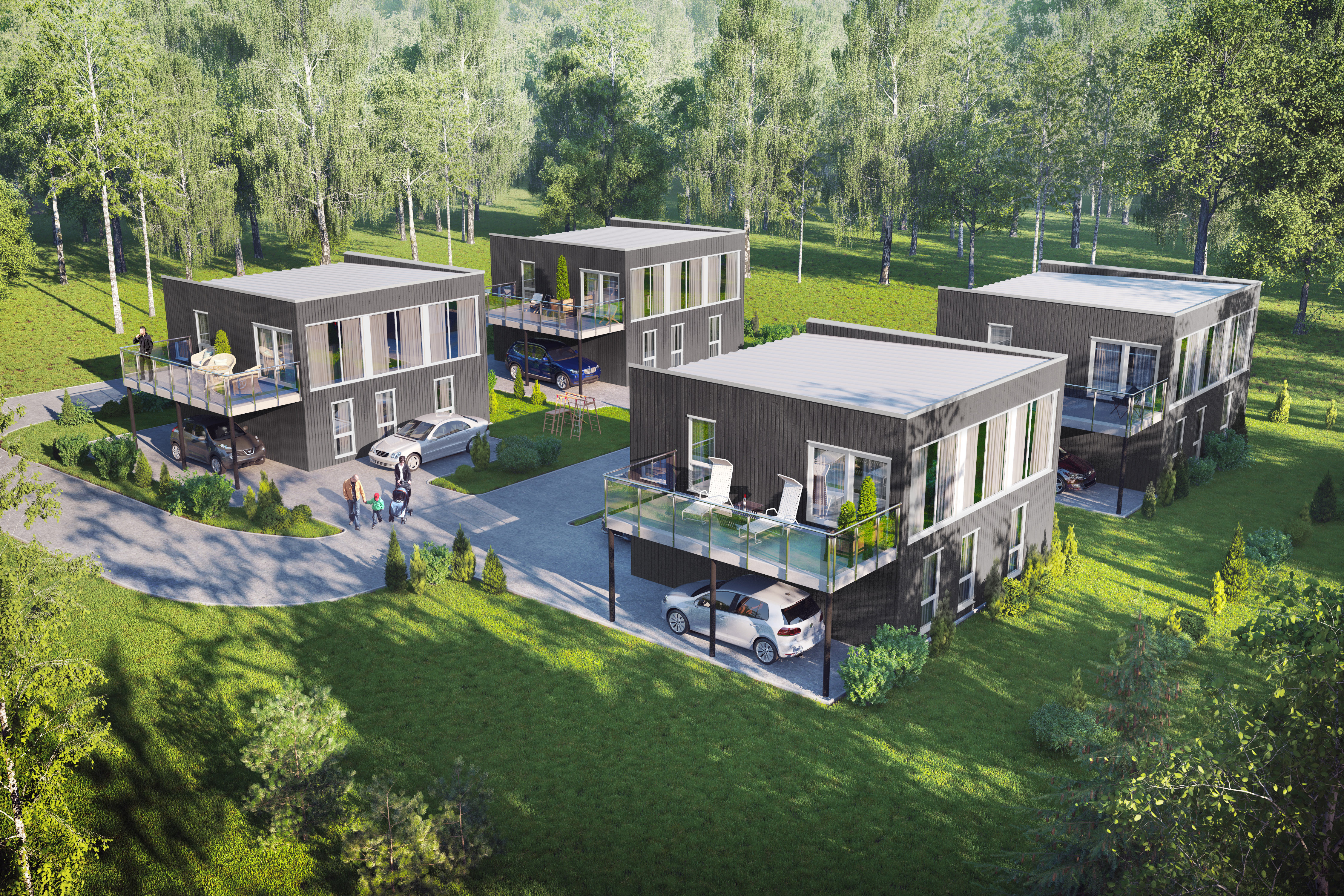 en gjengivelse av et moderne hus i skogen.