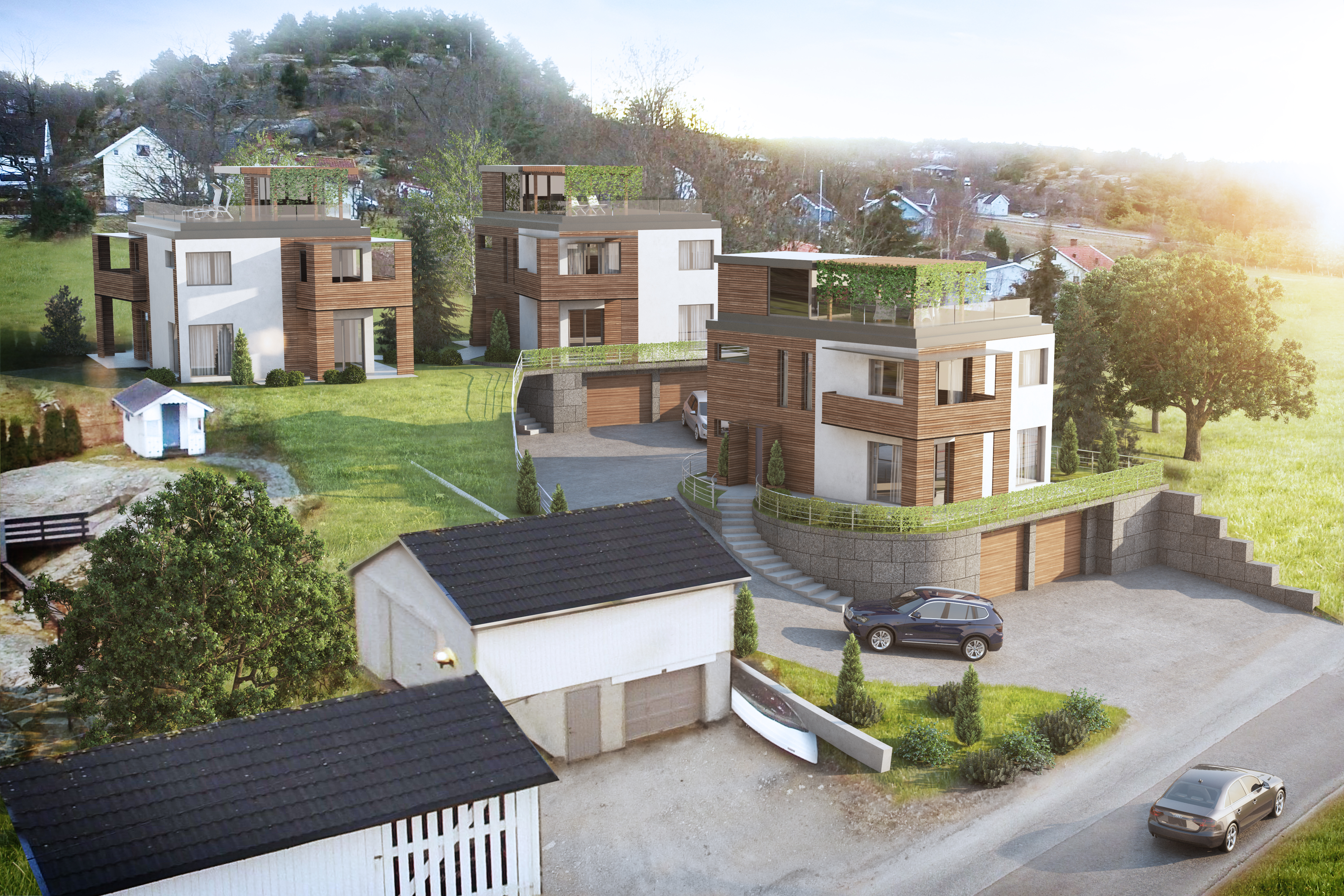 En 3D-visualisering av et hus og en bil laget i 2016 for salgsformål.