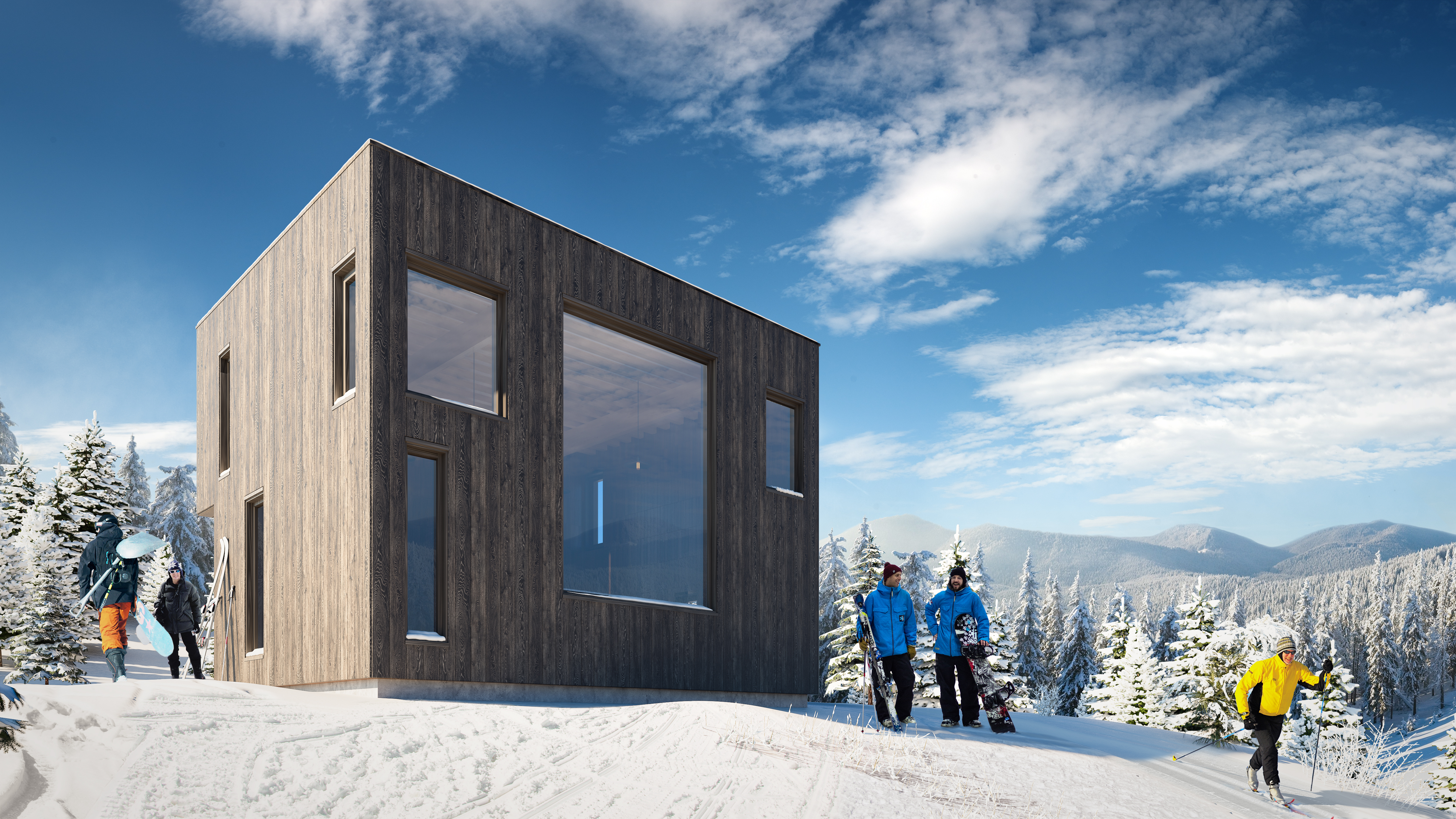 Visualisering av en liten hytte på toppen av et snødekt fjell, designet for salgsformål av Hedalm Anebyhus i 2016.