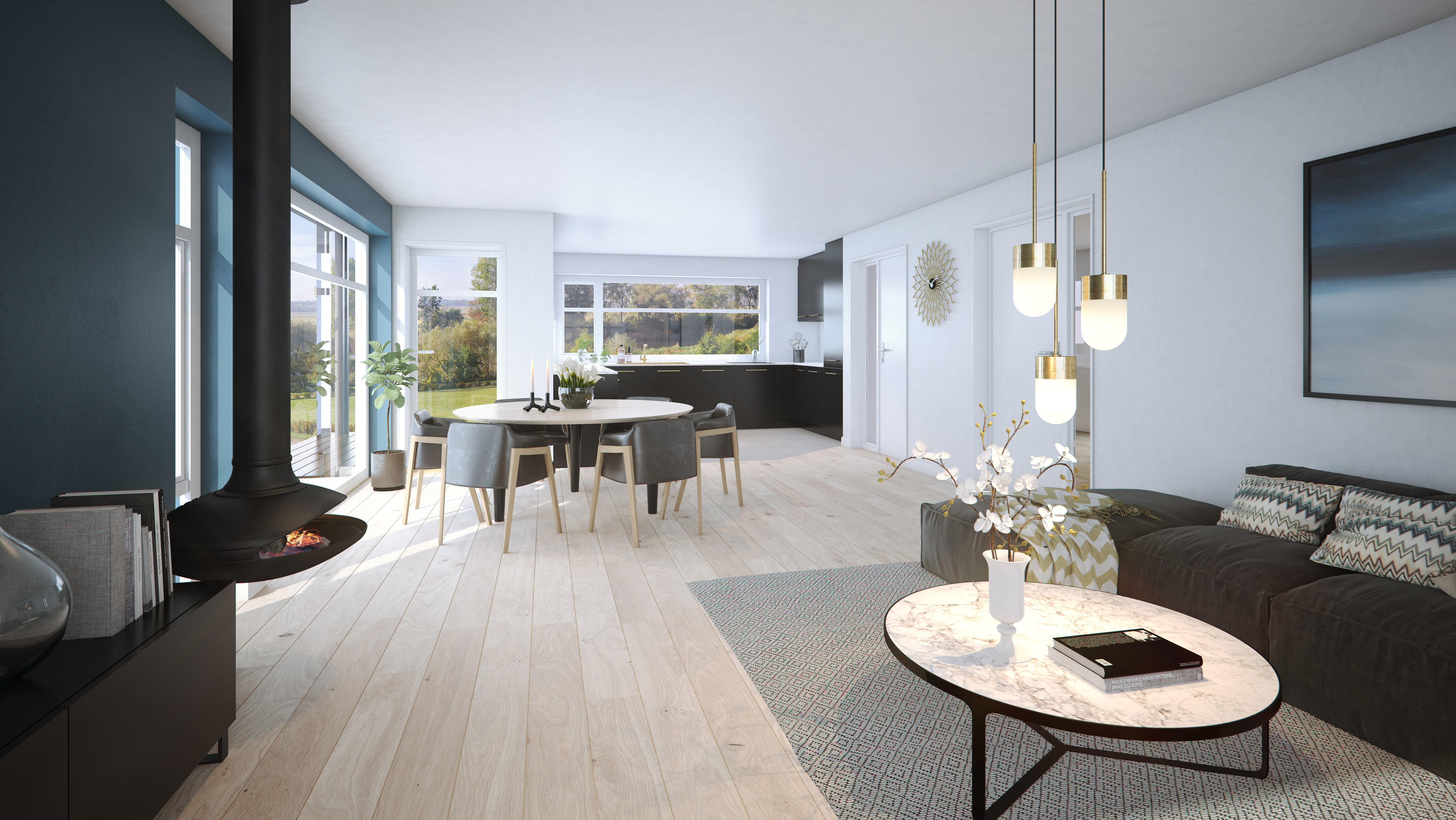 En 2016 visualisering for salg av en stue av IEC-Hus.