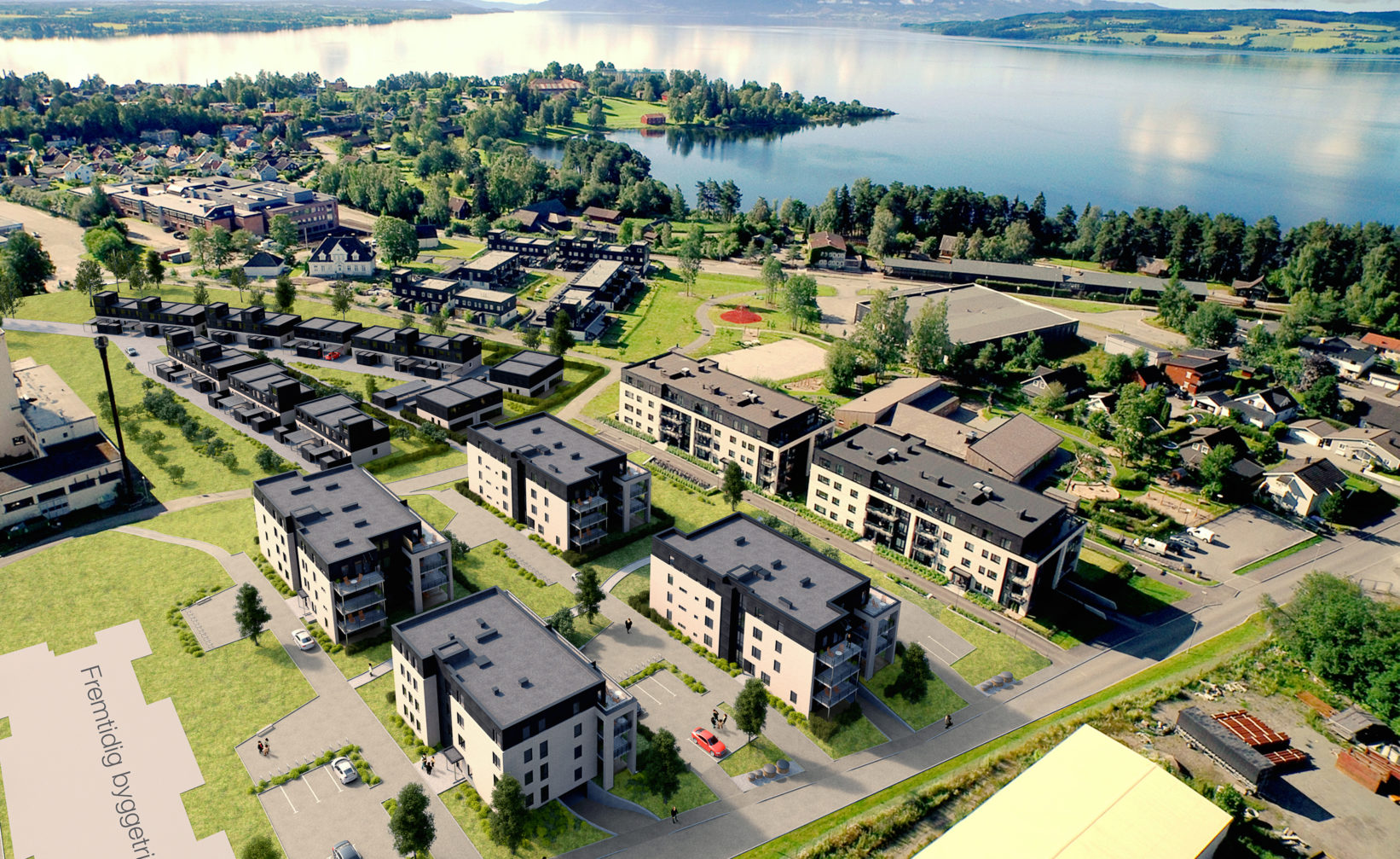 Et luftfoto av et leilighetskompleks nær en innsjø, laget av OKTAN Reklamebyrå i 2016 for salgsvisualisering.