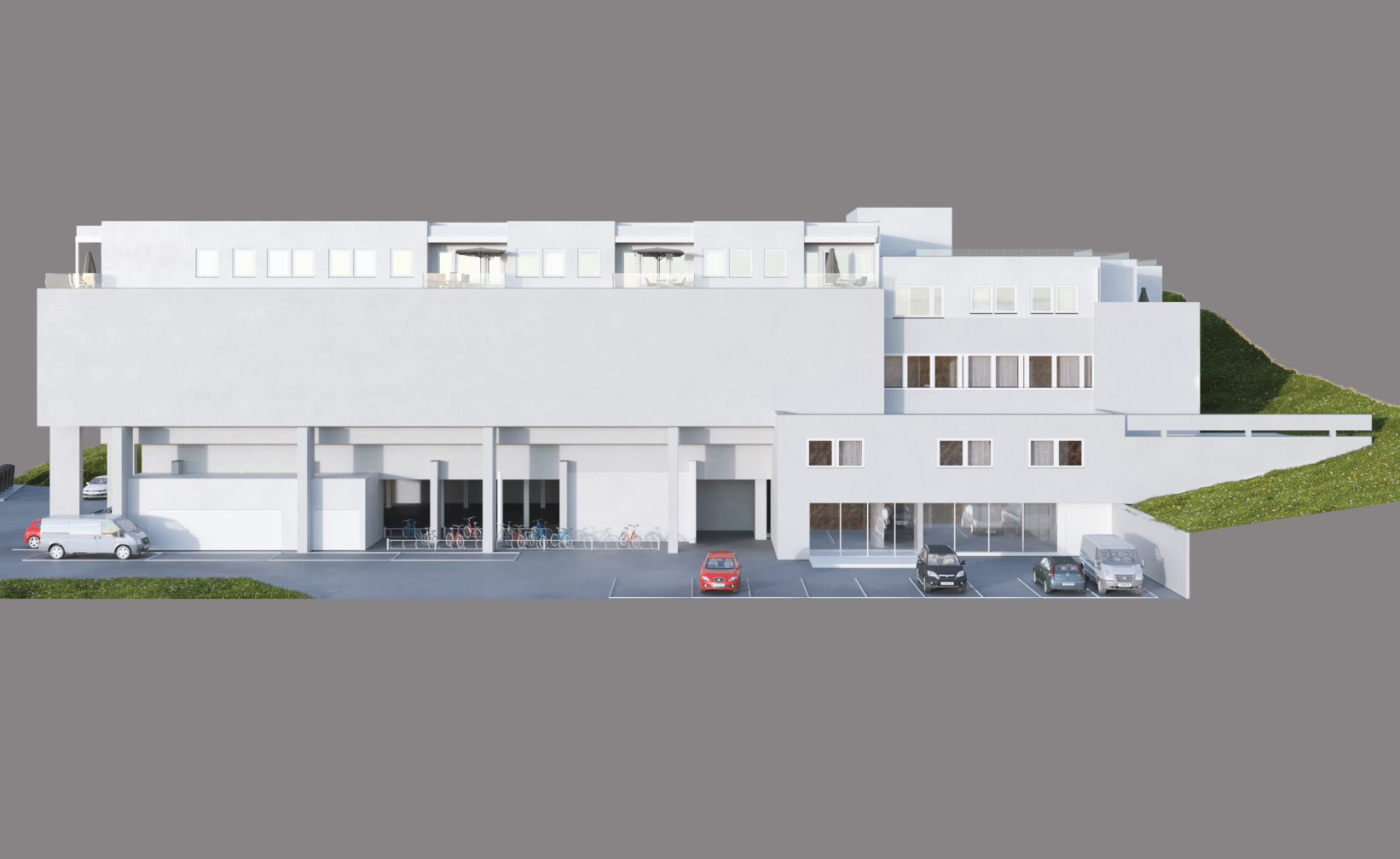 En 3D-modell av en hvit bygning for visualisering av eiendomssalg i 2016.