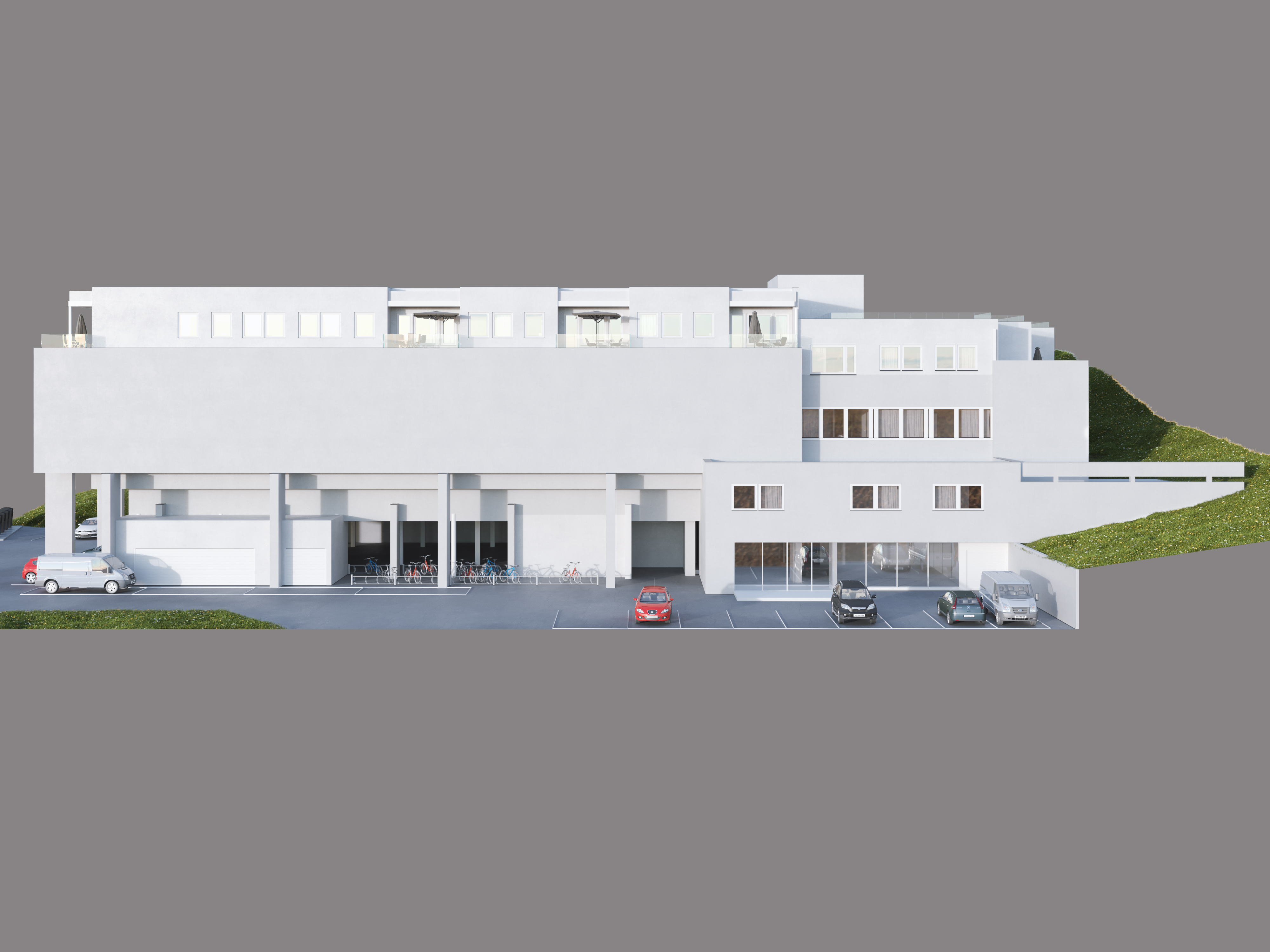 En 3D-modell av en hvit bygning for visualisering av eiendomssalg i 2016.