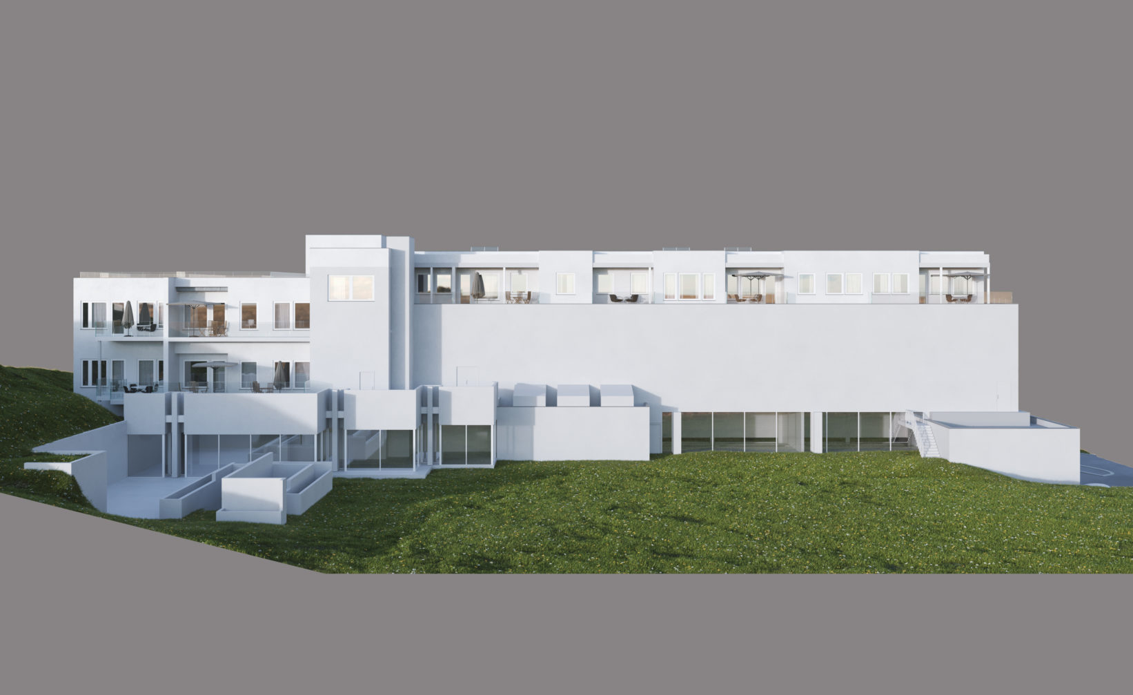 En 3D-modell av et hvitt hus, designet for visualisering og markedsføringsformål for Eiendomsmegler1 i 2016.