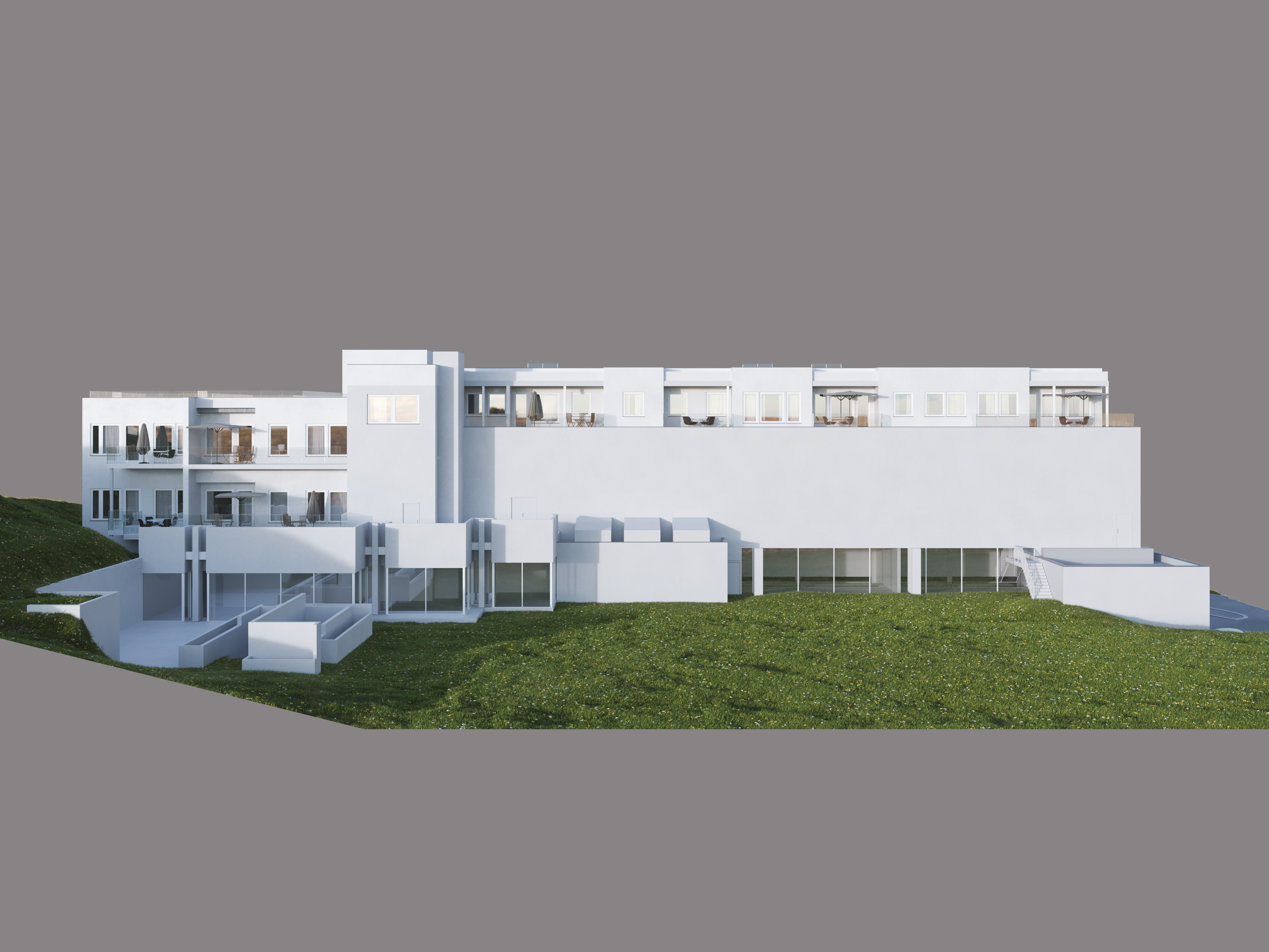 En 3D-modell av et hvitt hus, designet for visualisering og markedsføringsformål for Eiendomsmegler1 i 2016.