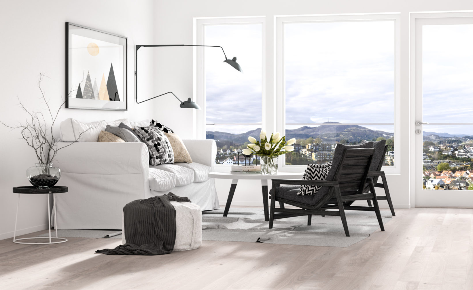 en hvit stue med utsikt over en by, laget i 2016 for å visualisere salget av eiendomsmegler Eiendomsmegler1.