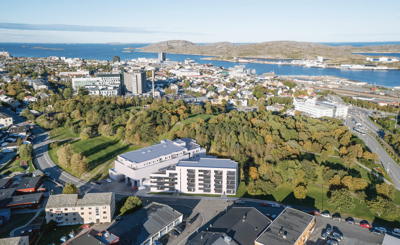 Et luftfoto av en by i Norge laget for å visualisere og selge eiendommer i 2016.