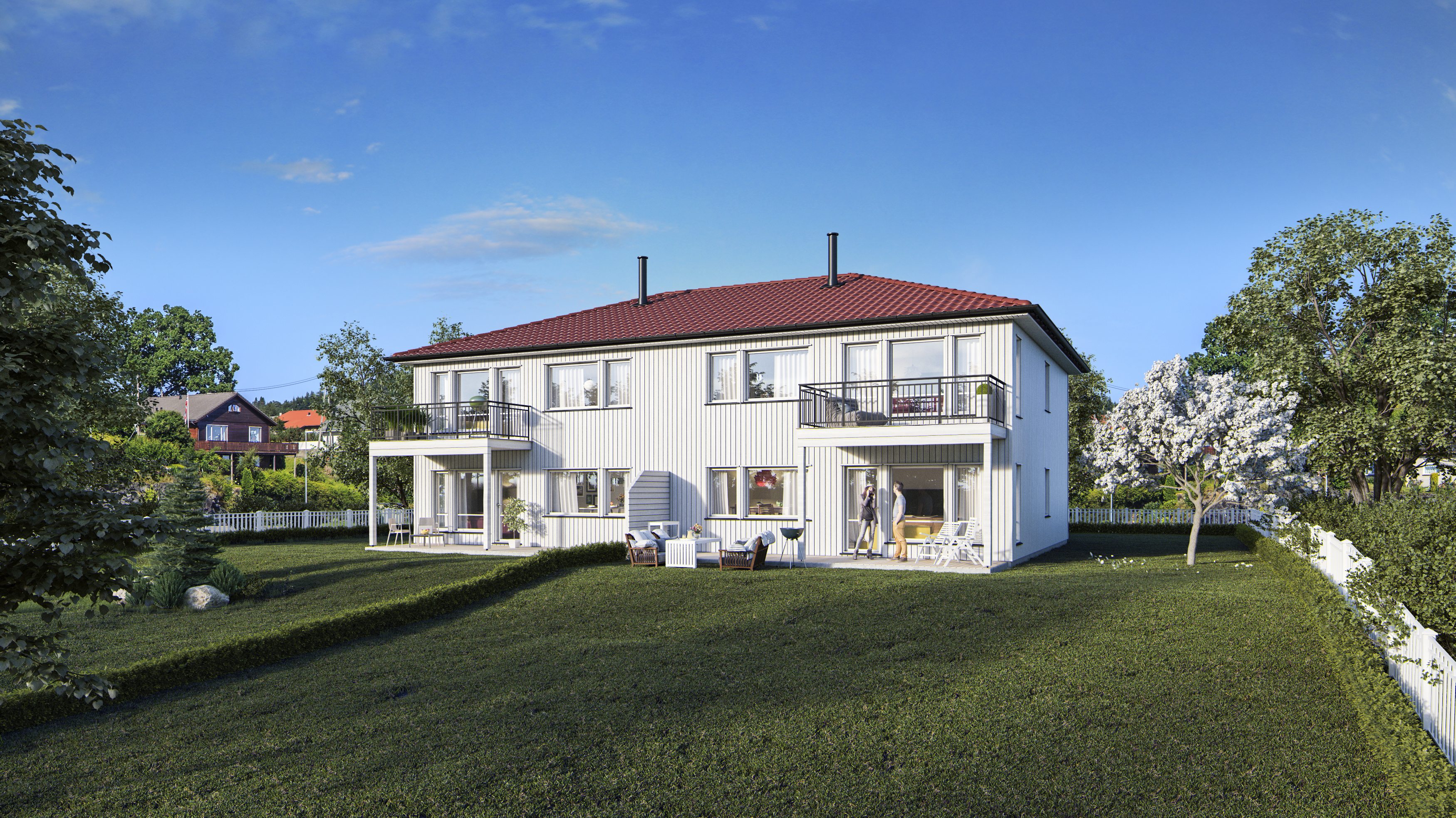 Et hvitt hus på en grønn plen visualisert for salg.