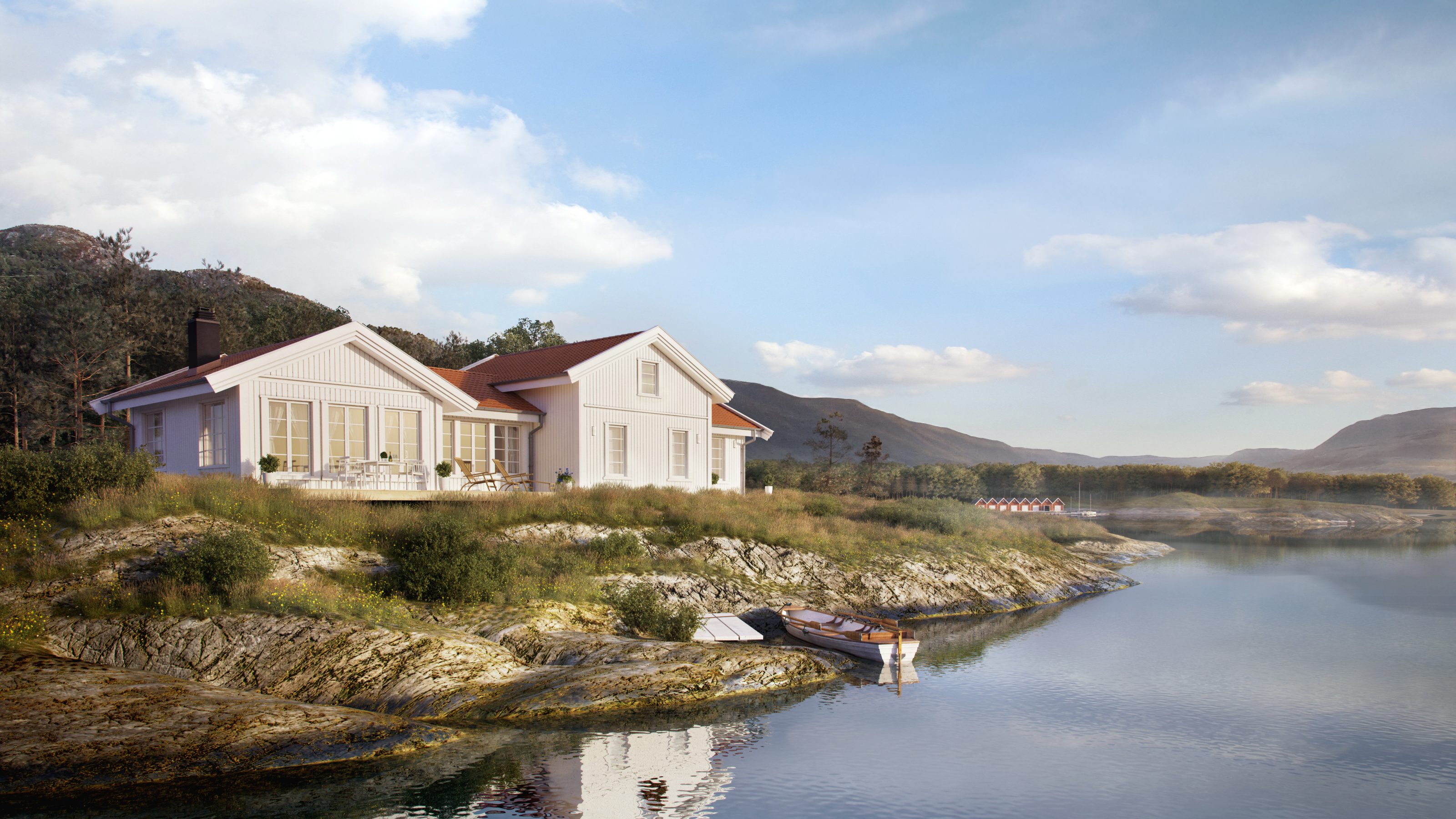 En visuell representasjon av et hvitt hus på en høyde med utsikt over en vannmasse til salgs i 2016.