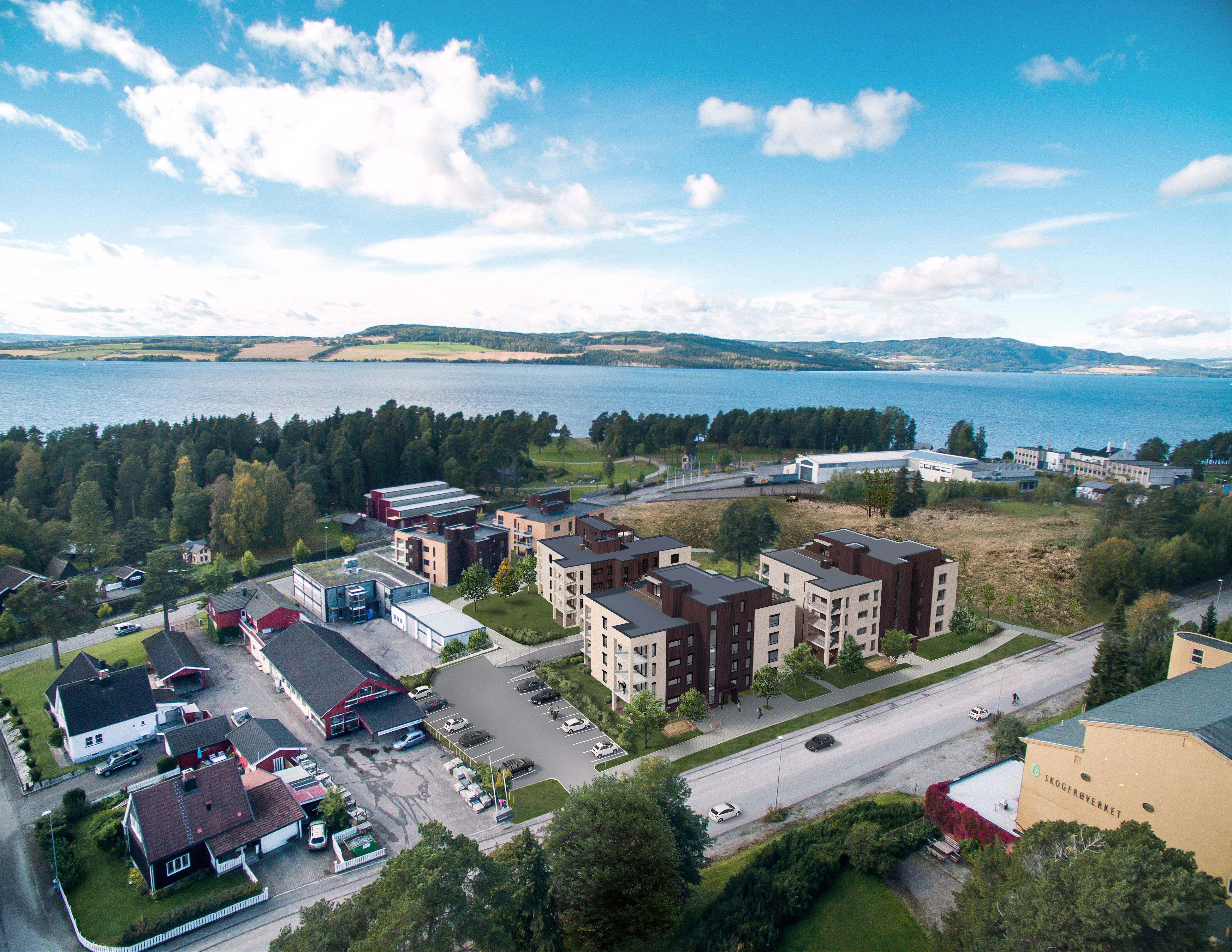 Luftfoto, leilighetskompleks, innsjø.