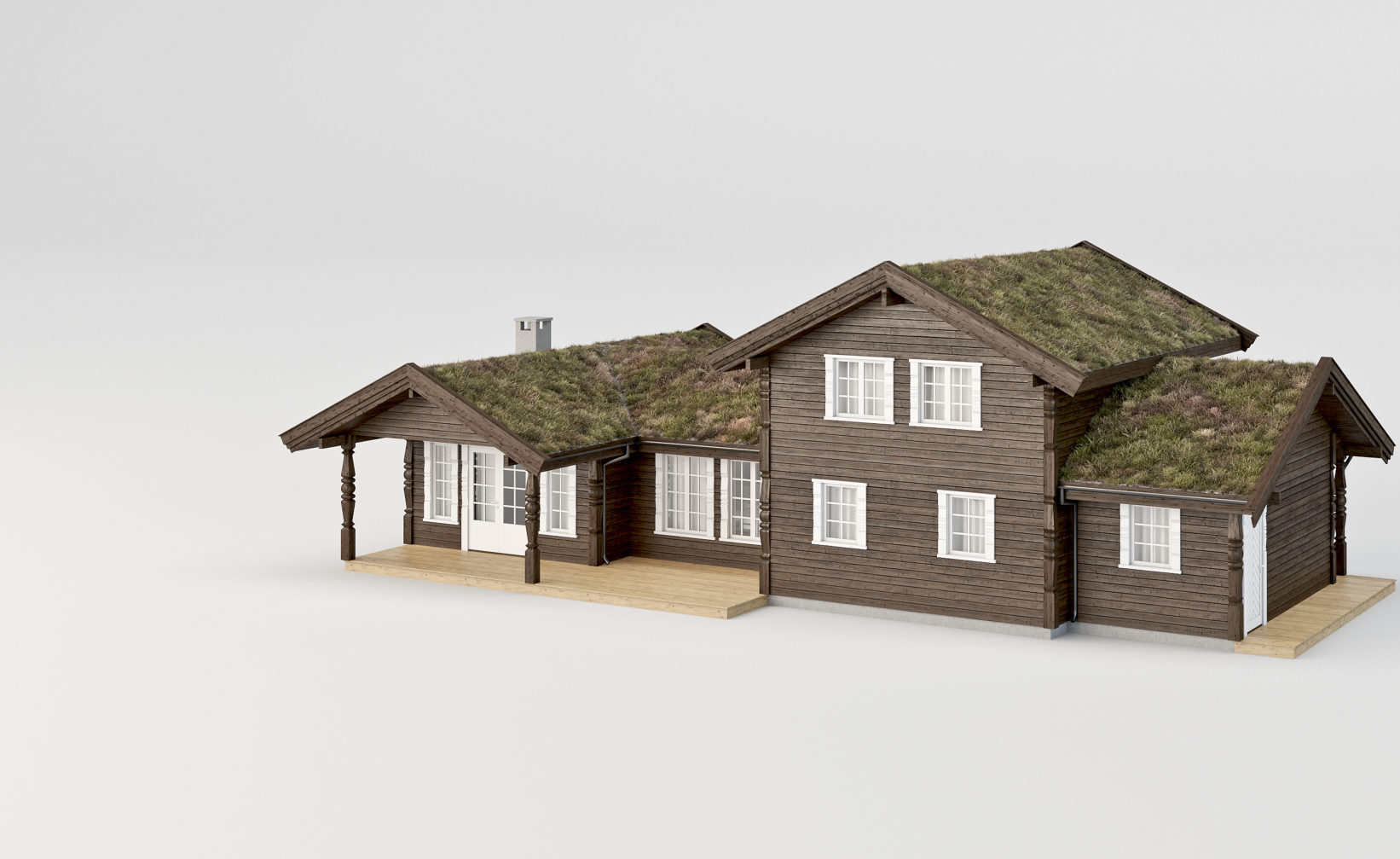 3D-modell, hus, gresstak.
