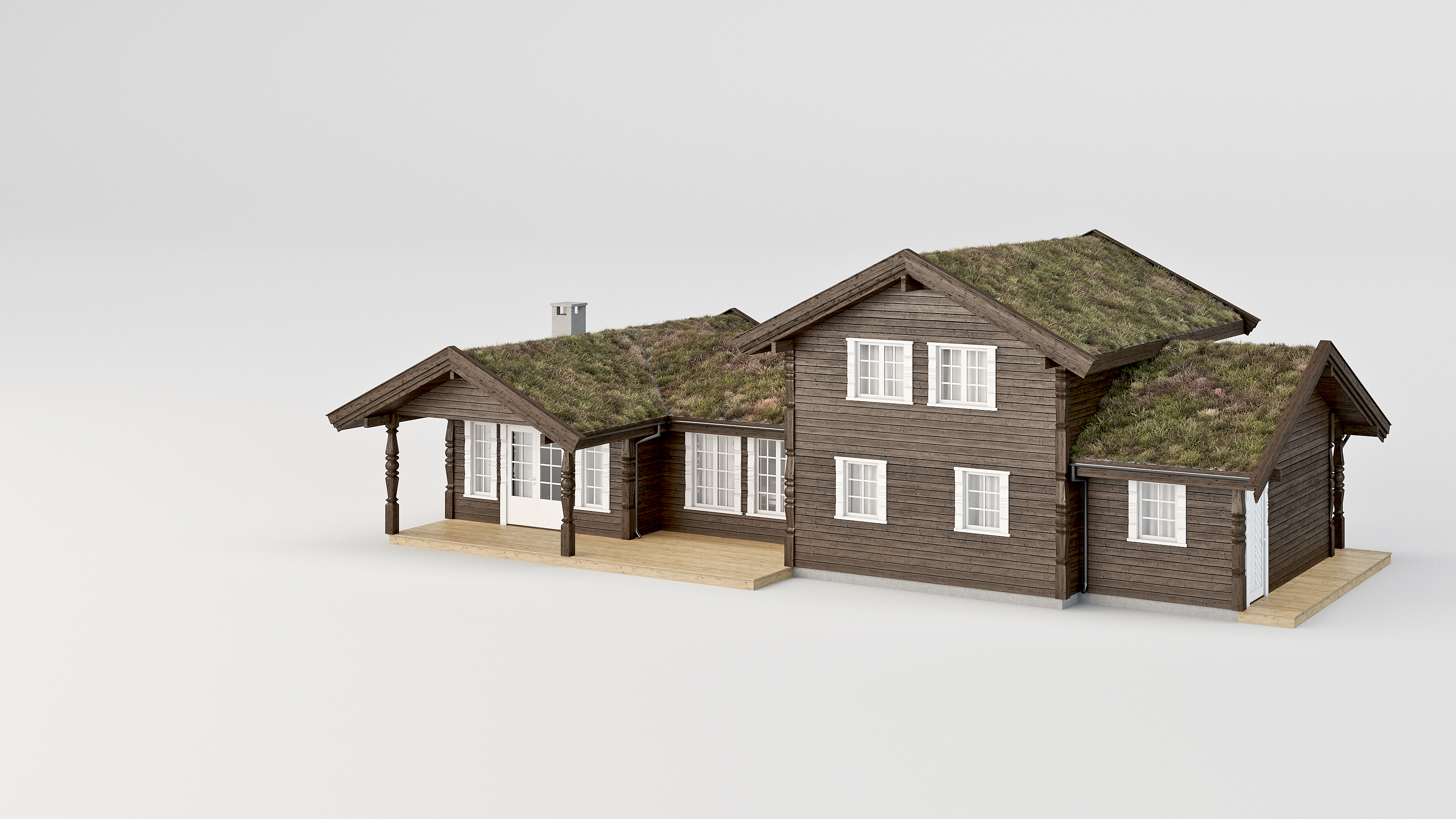 3D-modell, hus, gresstak.