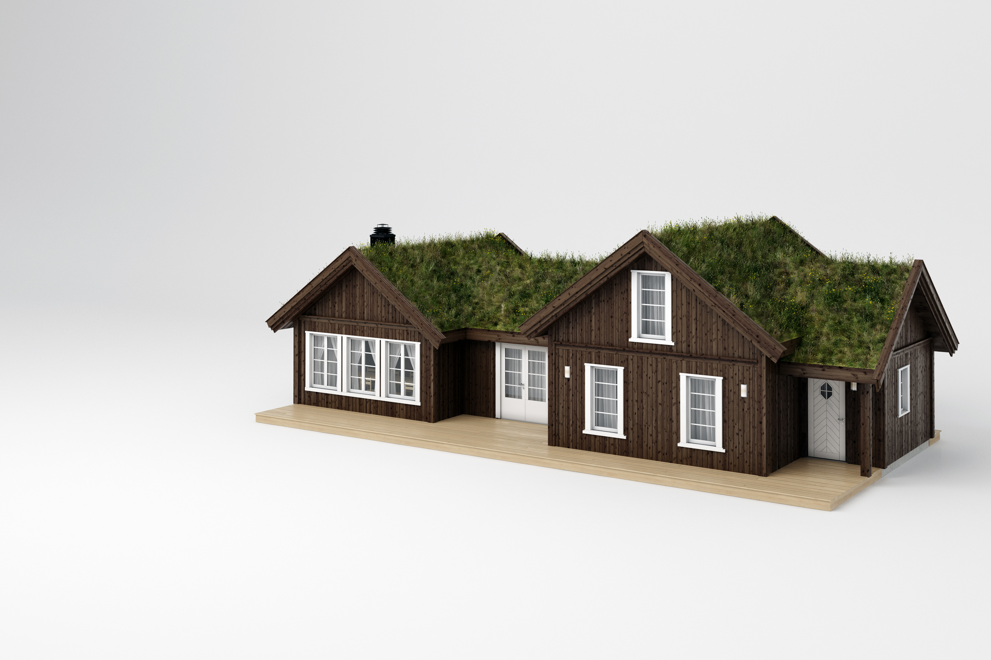 En visuell modell fra 2016 av et hus med grønt tak for salgsvisualisering for Telemarkhytter-kunder.
