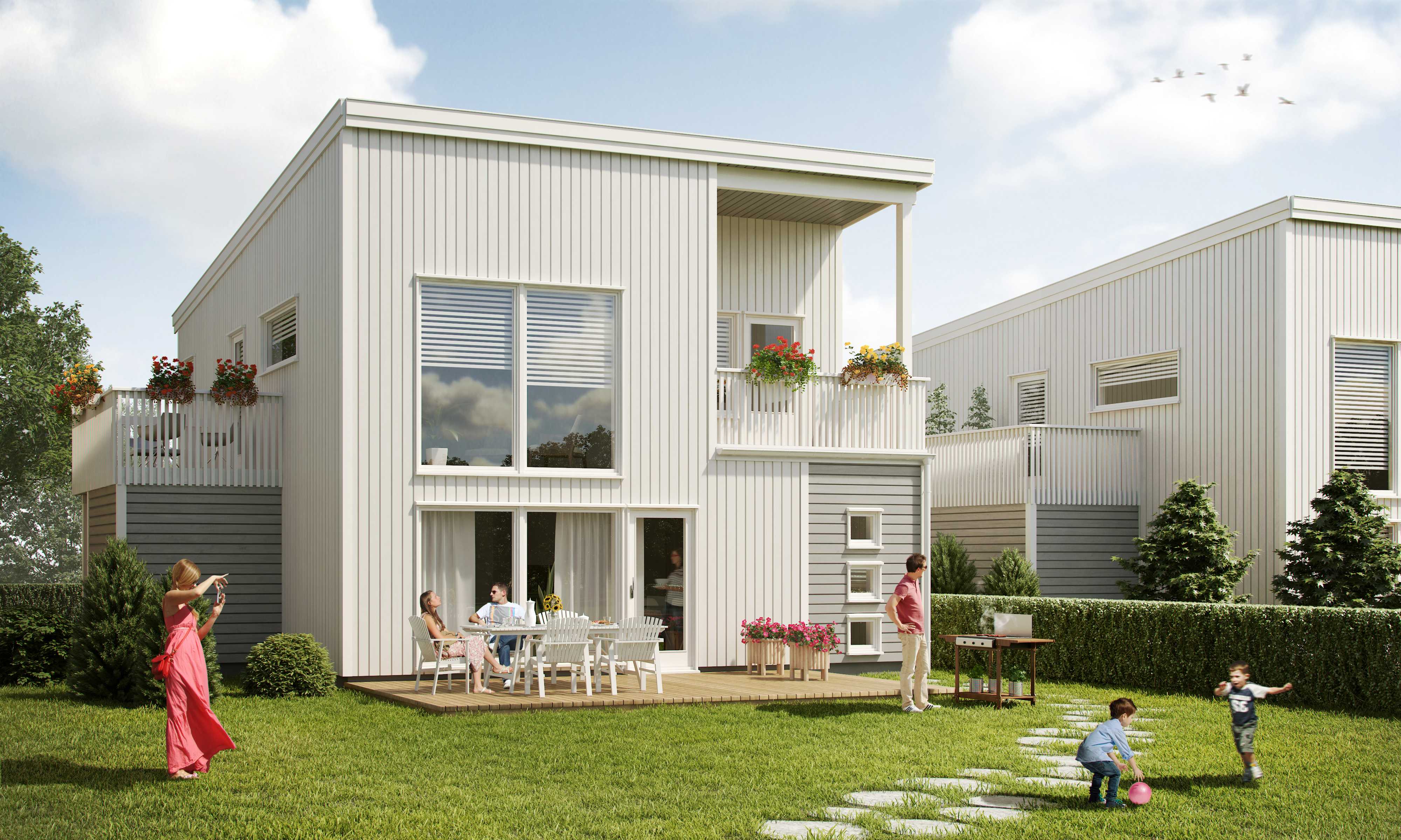 En gjengivelse av et hus med folk utenfor for visualisering av eiendomssalg i 2016.