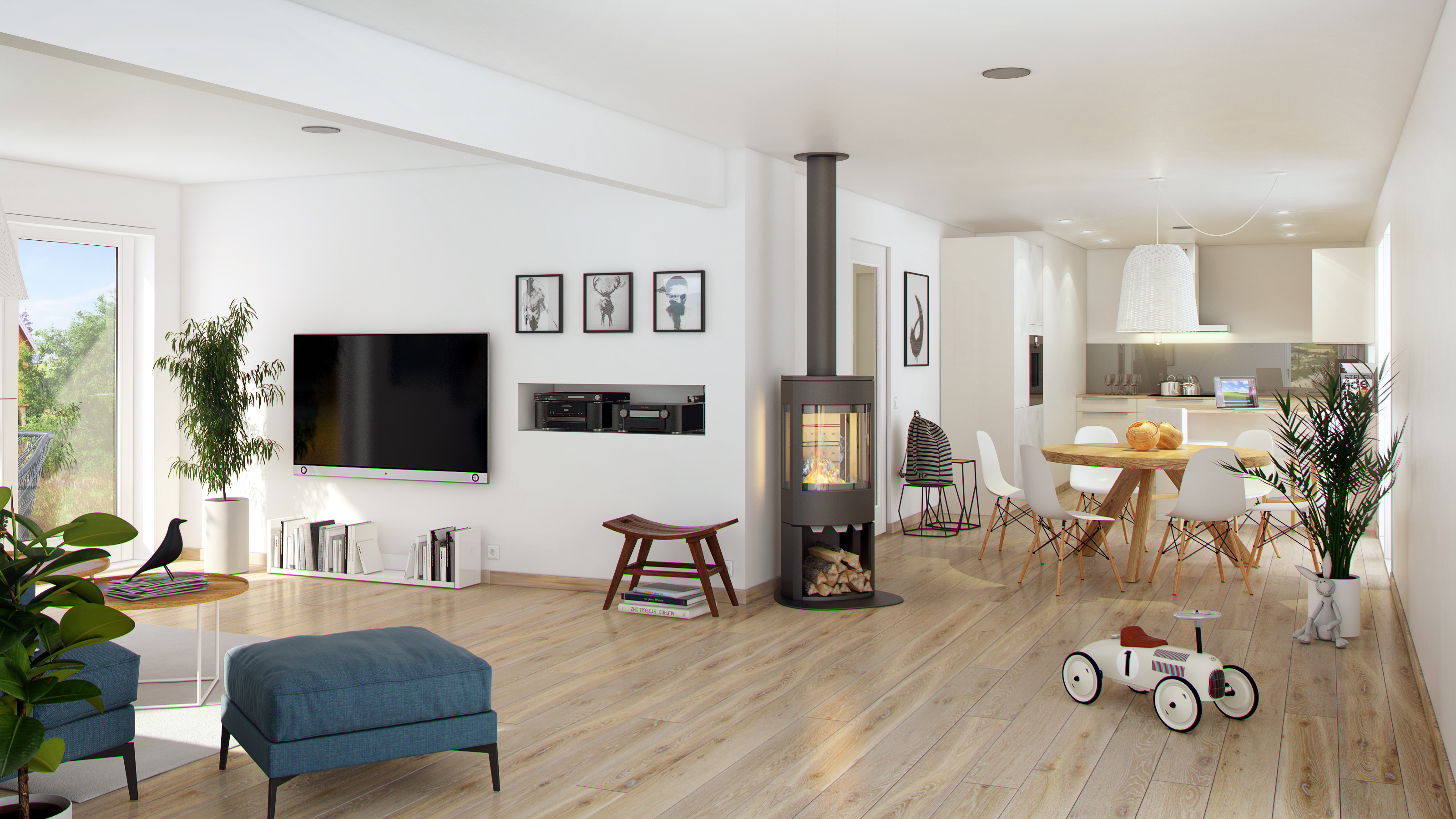 Visualisering for salg: et tregulv i stuen, laget for AEKOs oppdragsgiver i 2016.