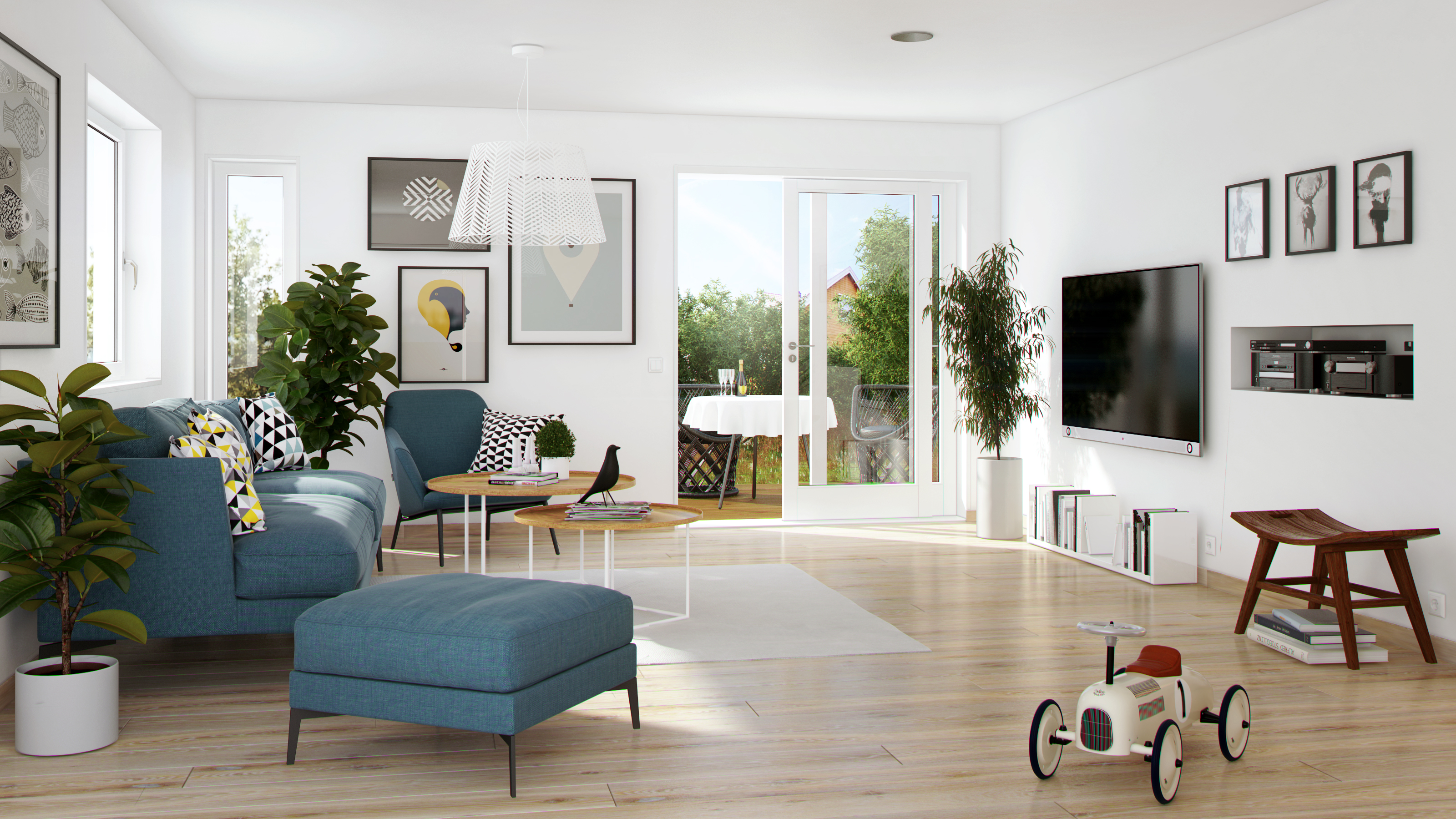 En visuell representasjon av en stue med en blå sofa for salg i 2016.