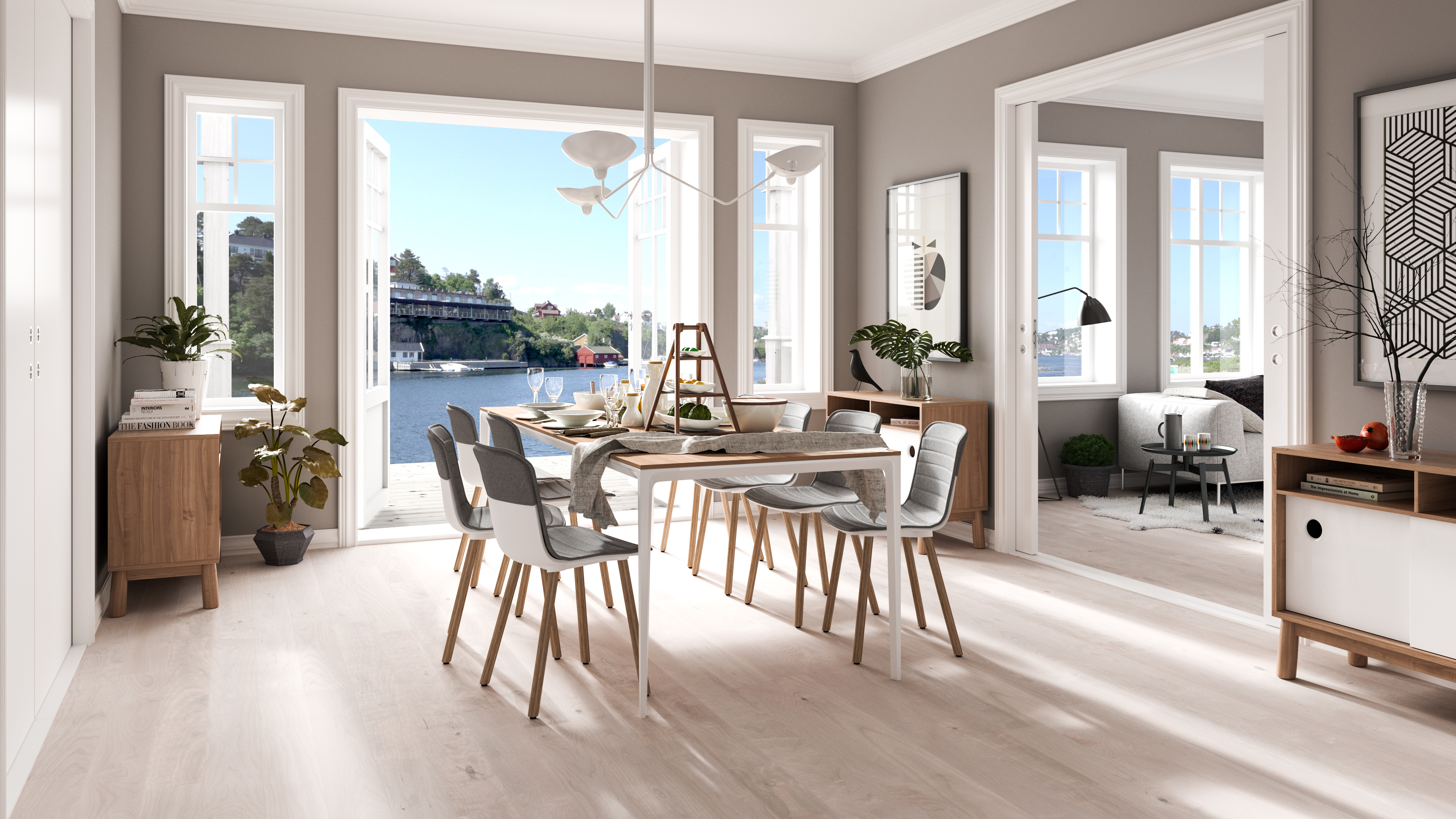 en spisestue med bord og stoler visualisert for salg i 2016 av BoligPartner.
