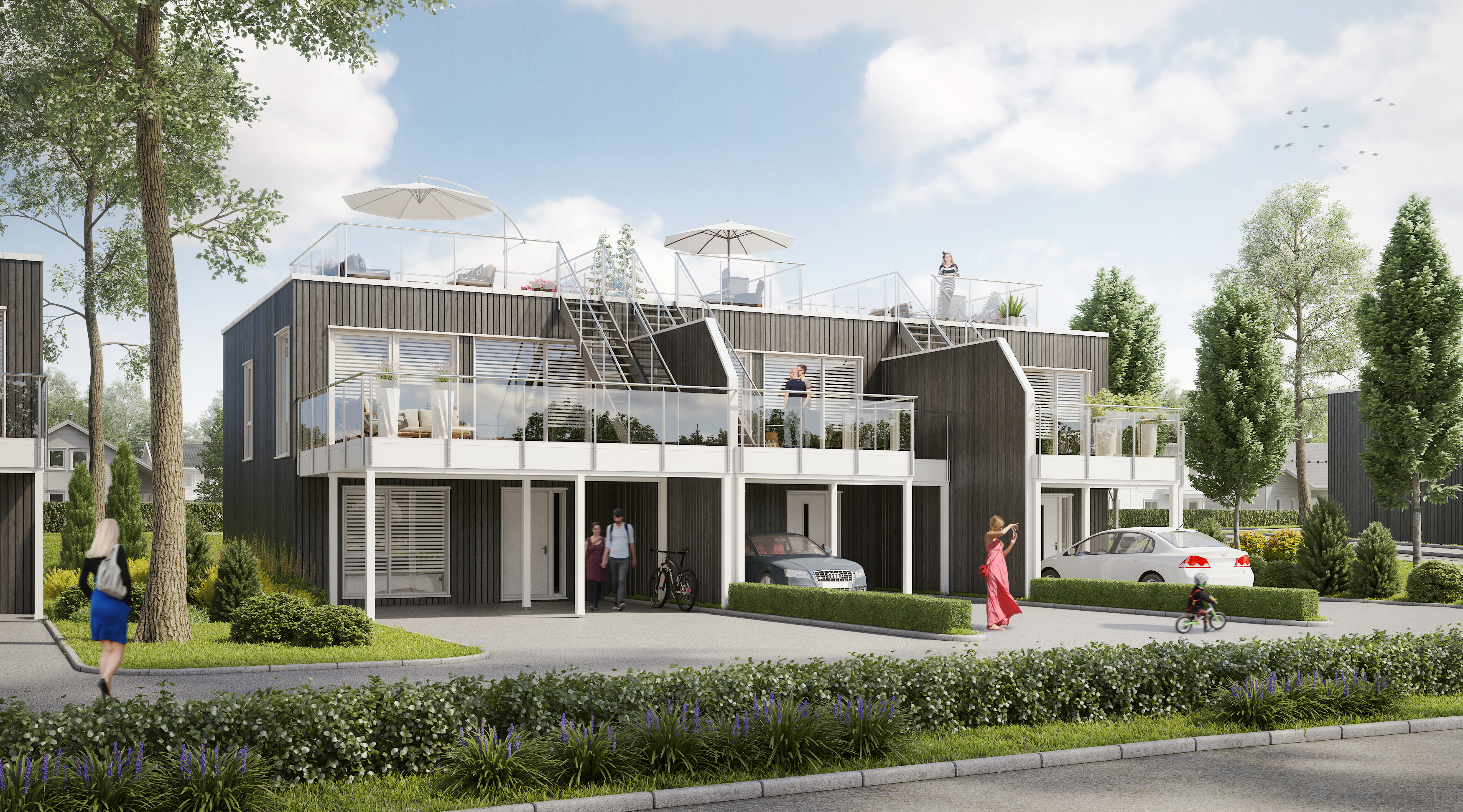 Visualisering for salg: gjengivelse av moderne bygård med balkonger og trær for Klient: Innohus i 2016.
