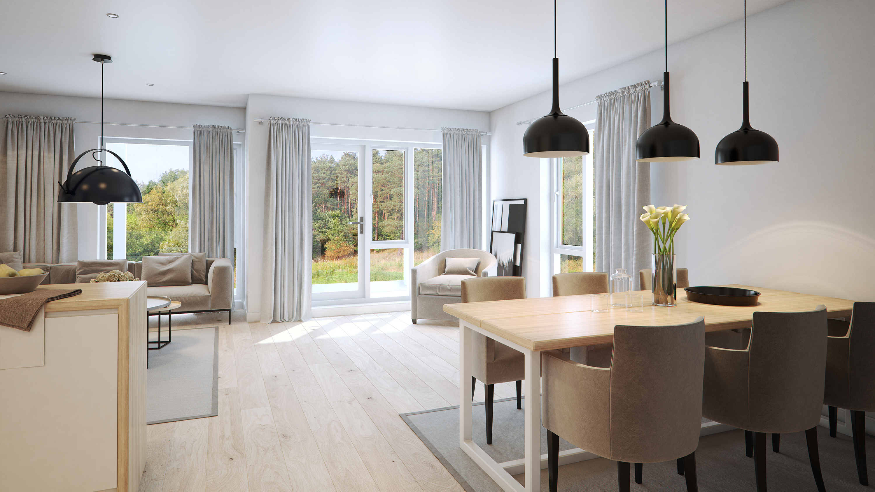 3D-gjengivelse av en spisestue for visualisering av salgsformål i 2016.