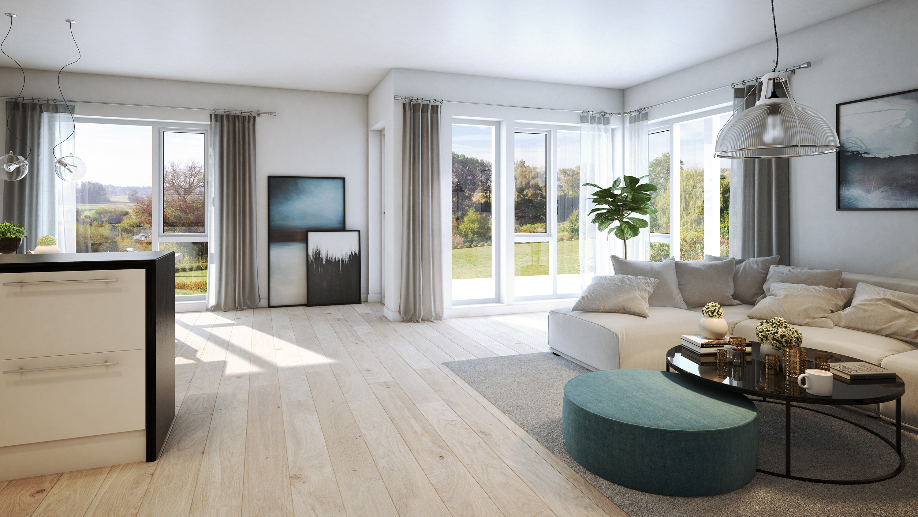 En 3D-gjengivelse av stue og kjøkken for visualisering og salgsformål i 2016.