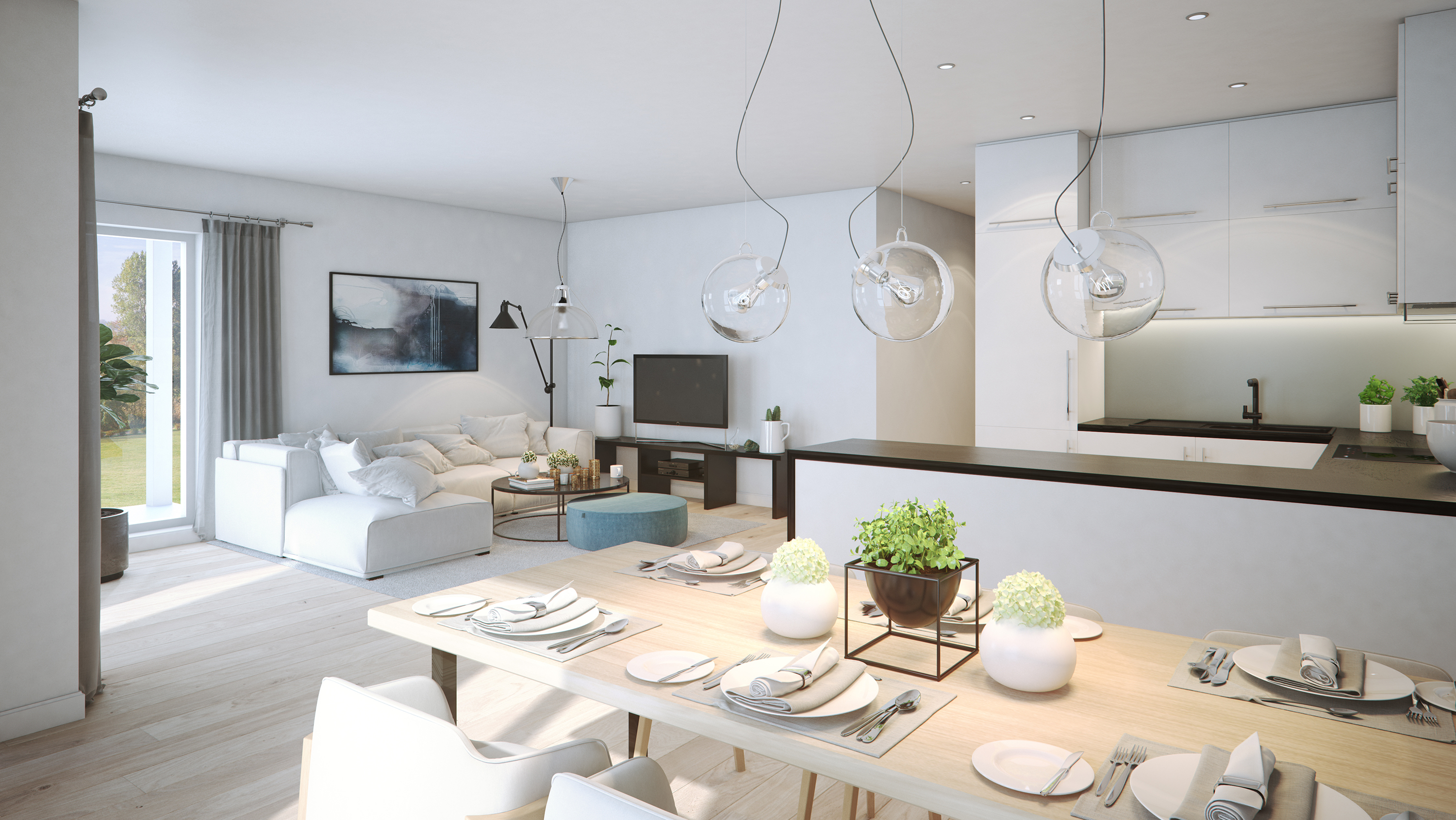 En visuell gjengivelse av et moderne kjøkken og spisestue for salgsformål.