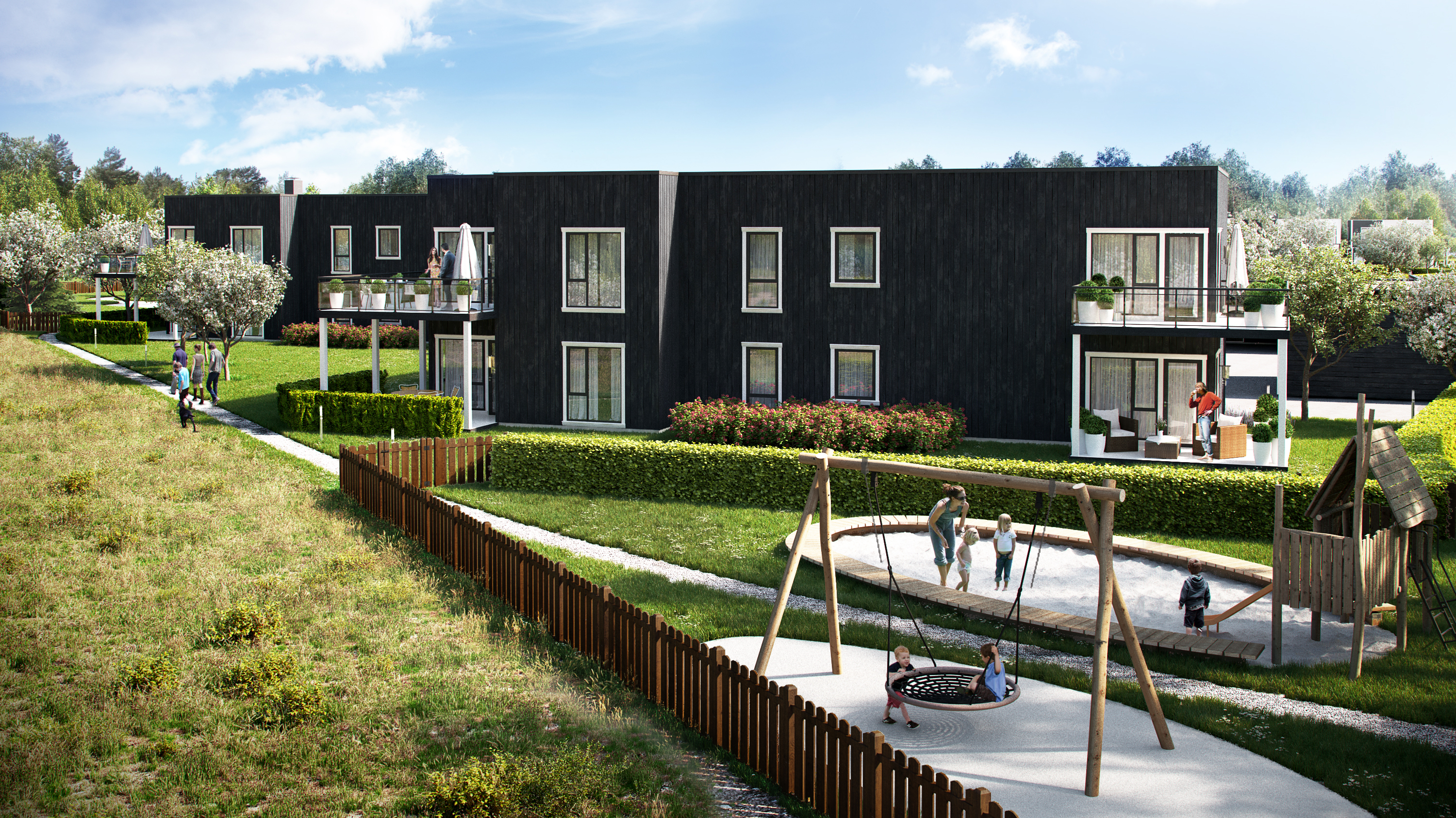 Visualisering av leilighetskompleks med lekeplass til salgs, 2016.