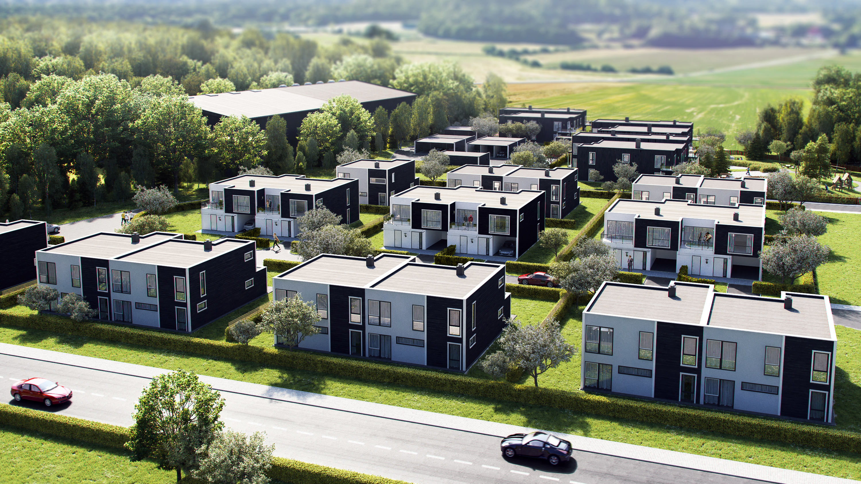 En visuell gjengivelse fra 2016 av et moderne leilighetskompleks til salgs av Klient: Opthimal.