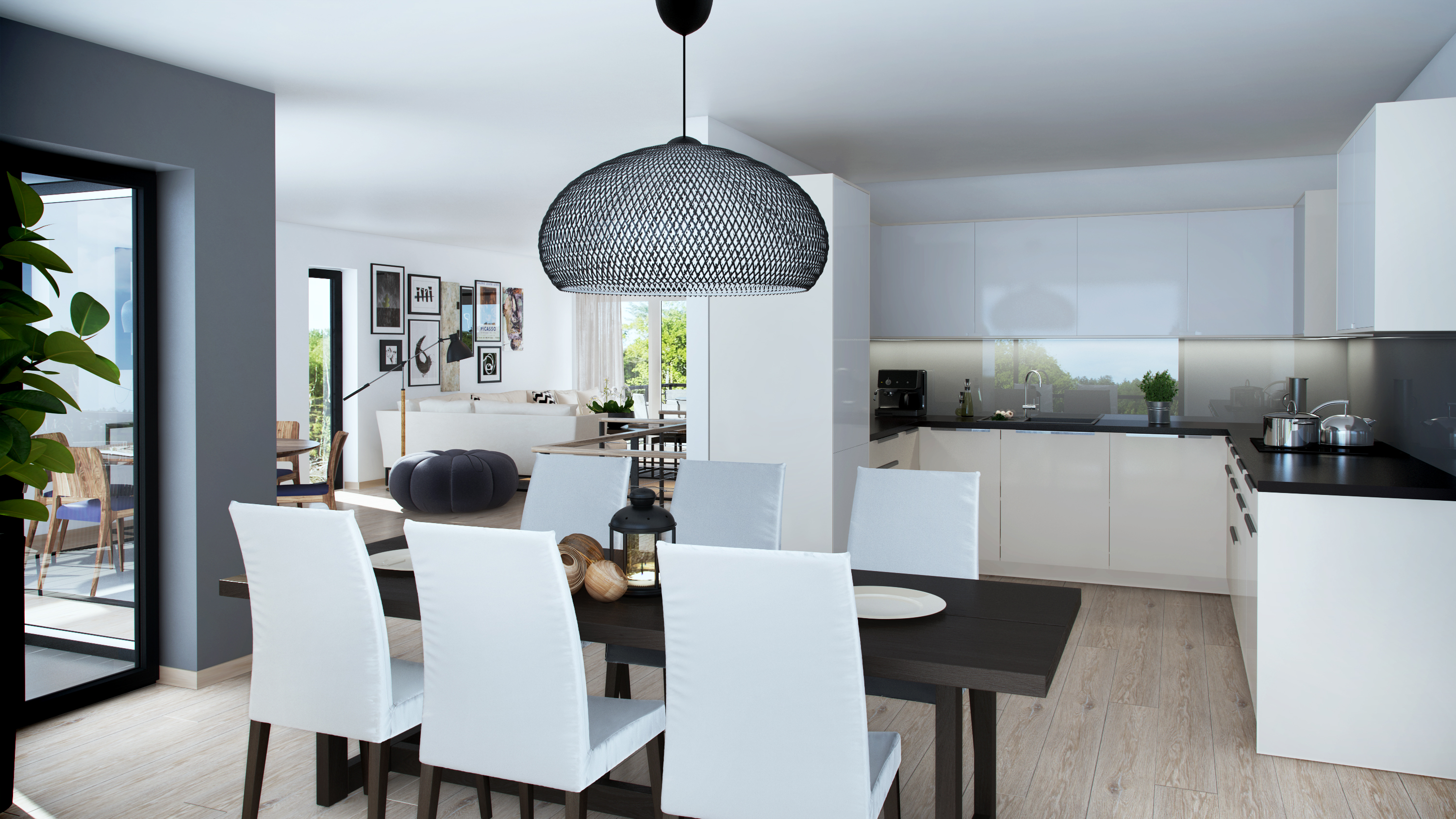 3D-gjengivelse av et moderne kjøkken og spisestue bestilt av Opthimal for salgsvisualiseringsformål i 2016.