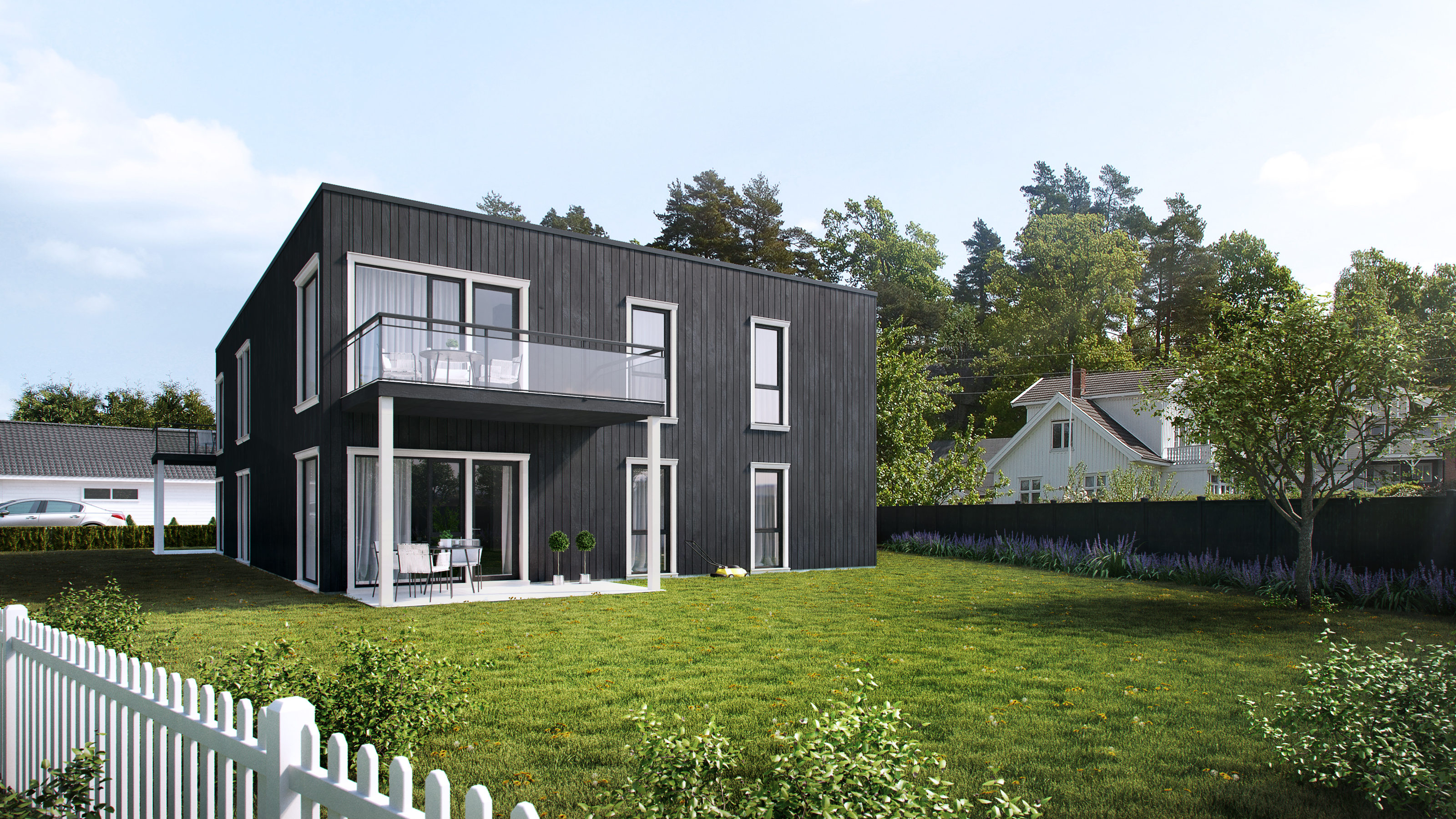Et svart hus med et hvitt stakittgjerde ble visualisert i 2016 for salg av Klient: Opthimal.