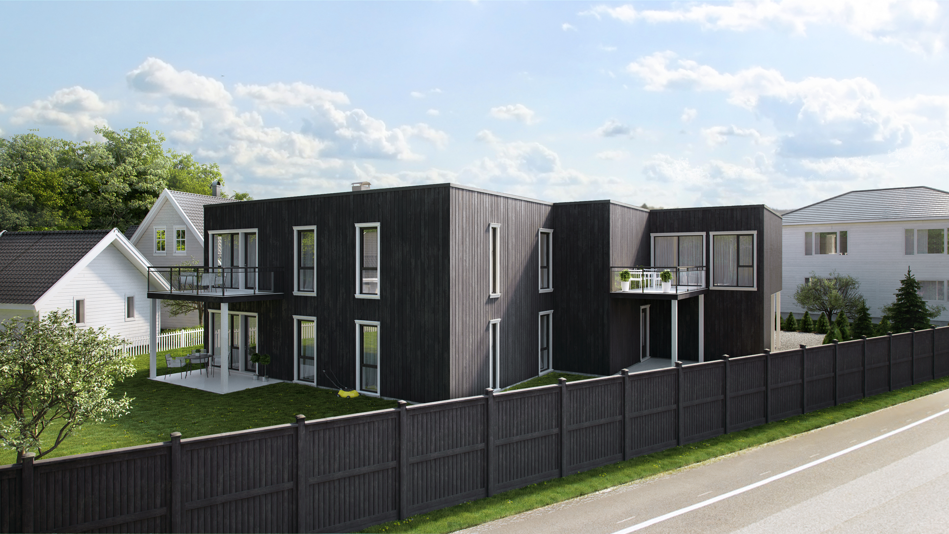 En visuell gjengivelse av et moderne hus med svart gjerde for optimal salgsvisualisering i 2016.