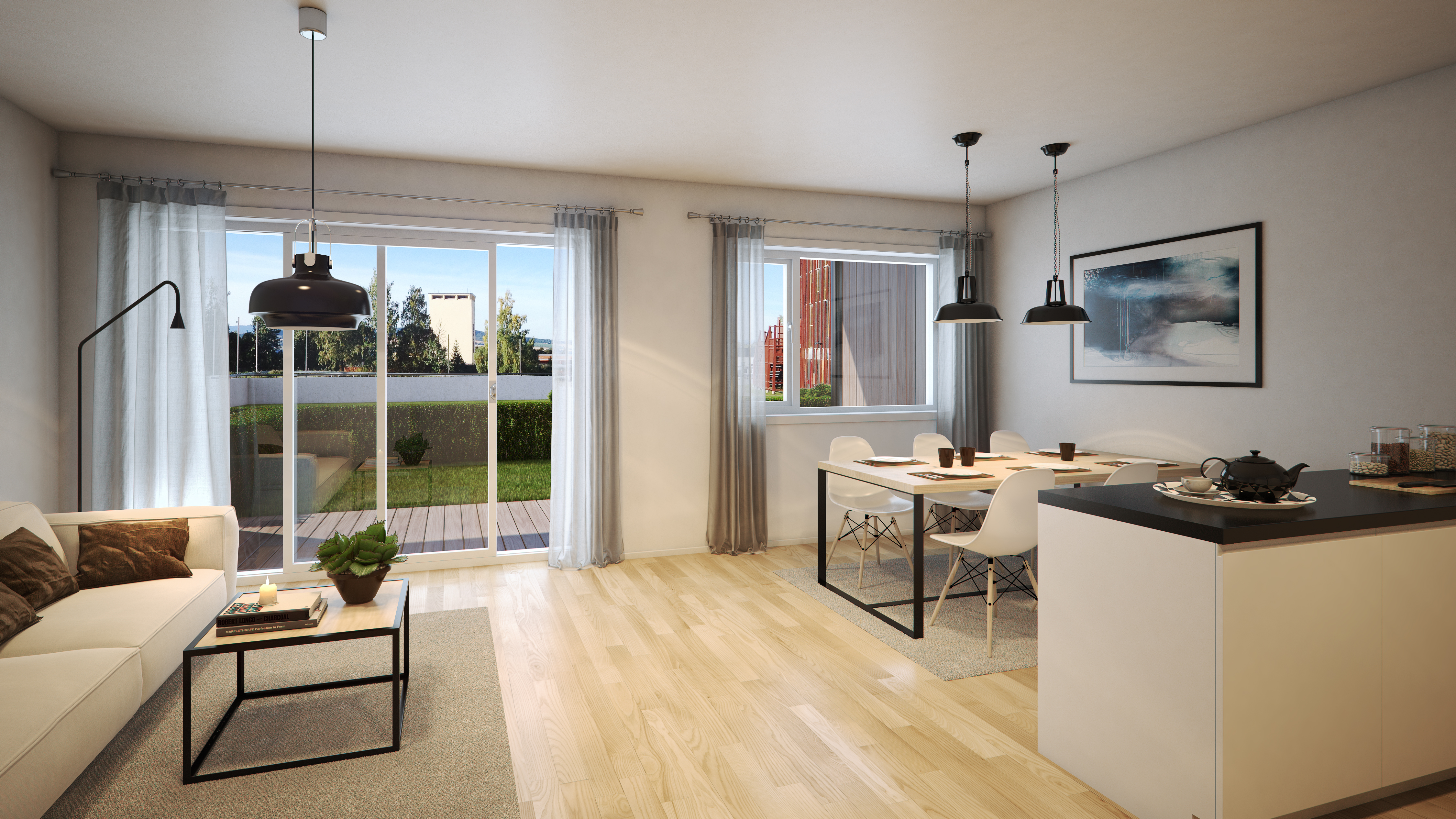 En 3D-gjengivelse av kjøkken og stue for salgsformål.