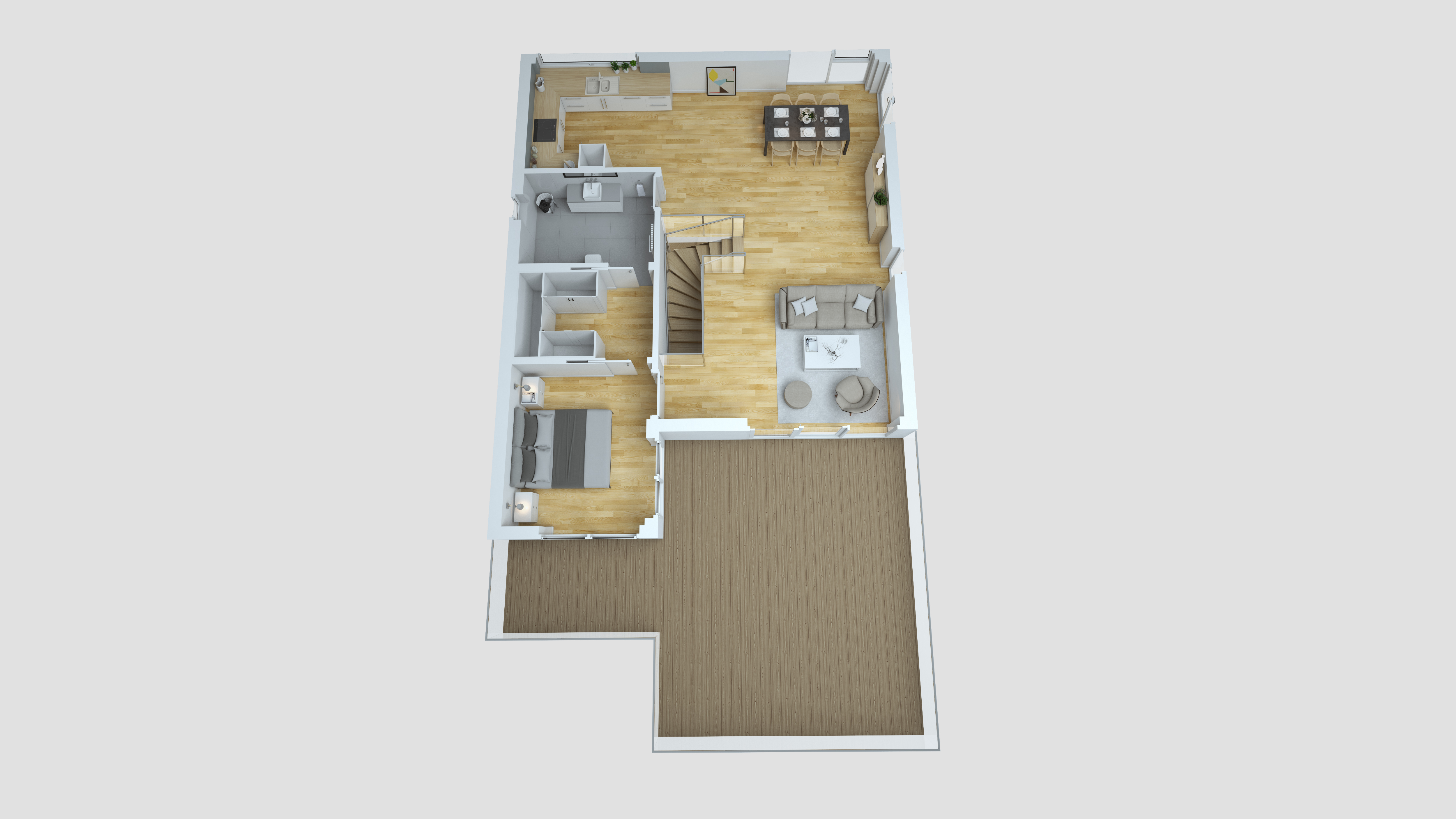 en 3D-visualisering av en planløsning for en to-roms leilighet for Opthimal for salgsformål i 2016.