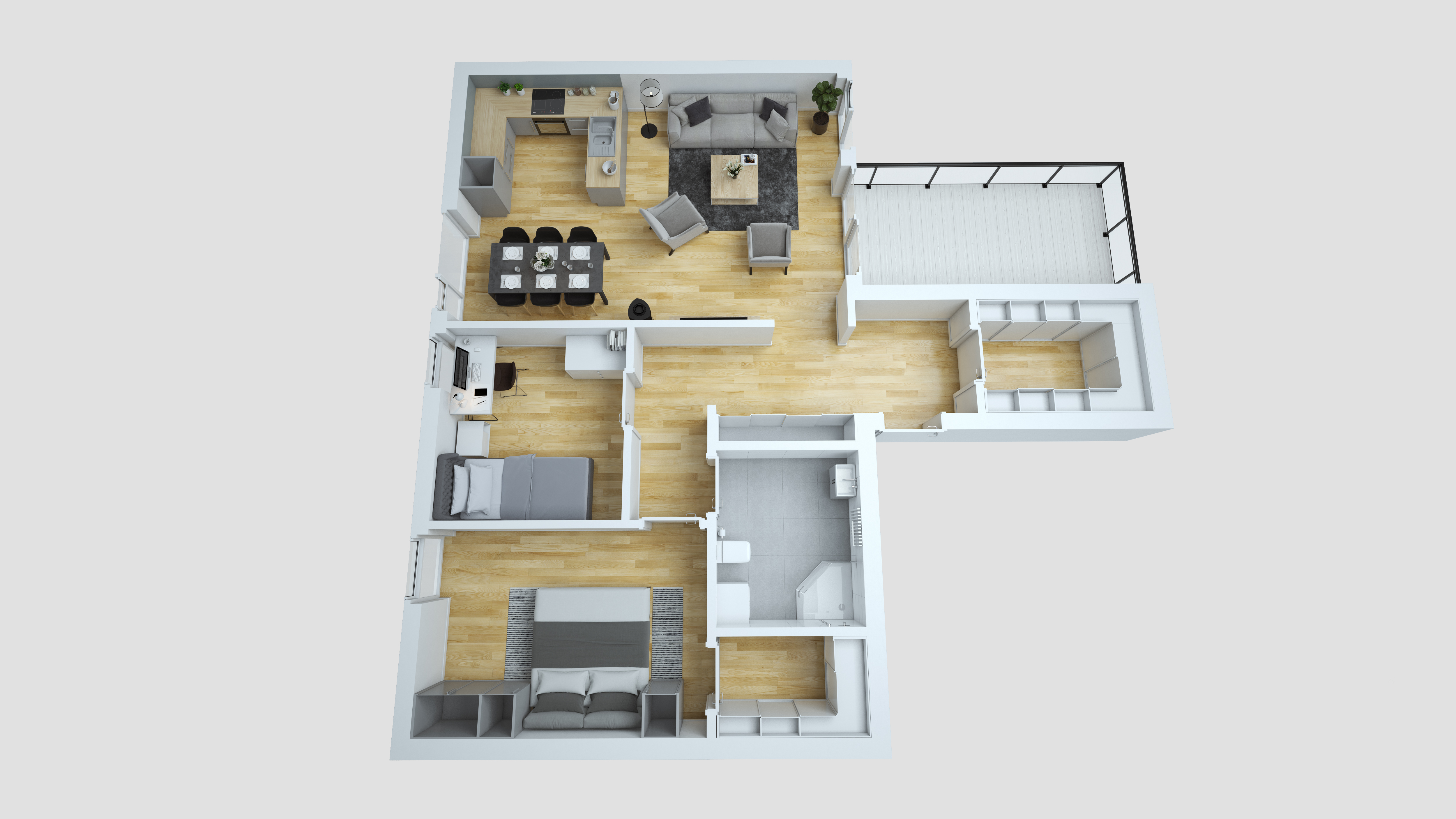 en 3d planløsning av en toroms leilighet opprettet i 2016 for Opthimals salgsvisualiseringsformål.