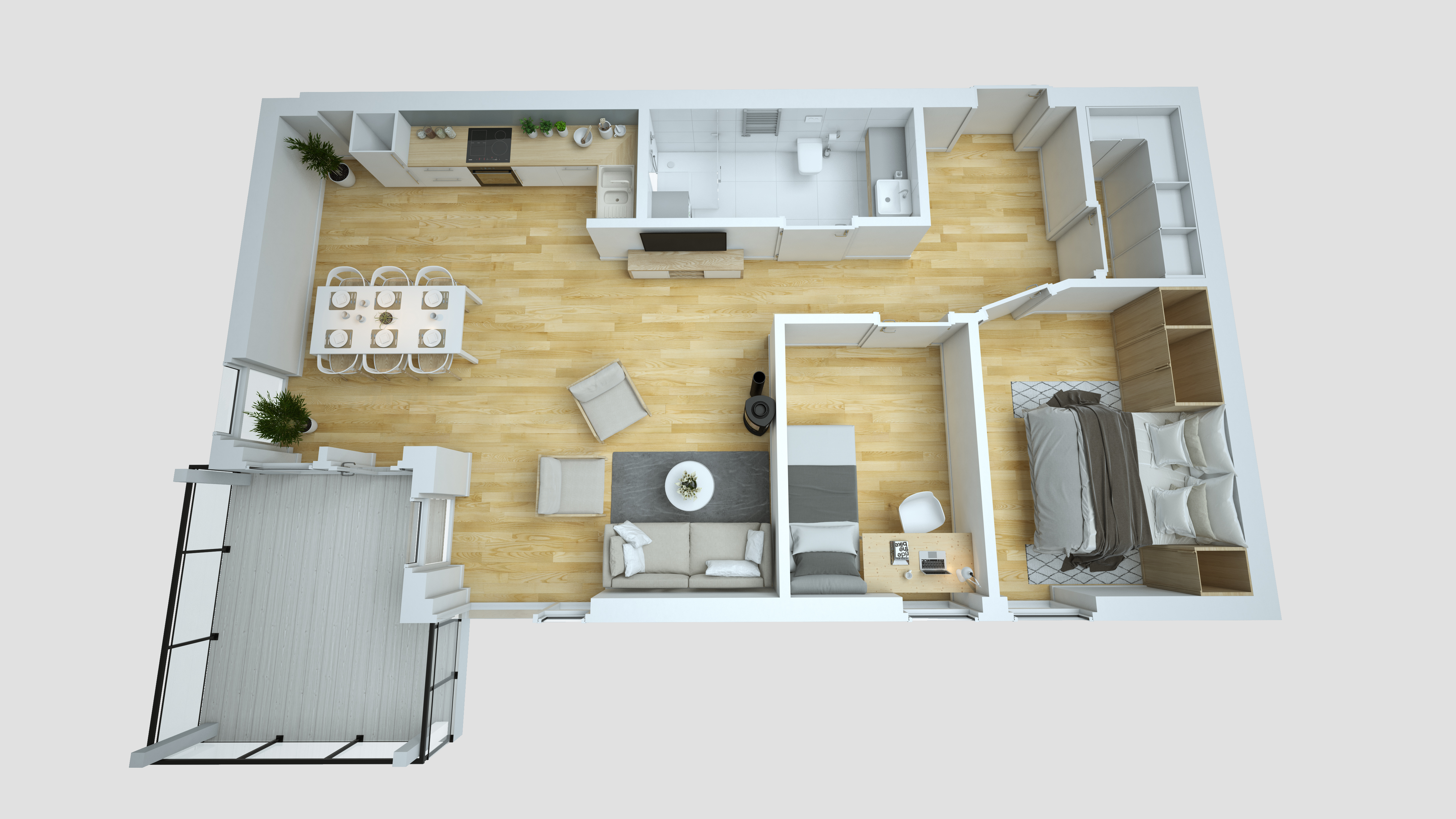 En 3D-gjengivelse av en planløsning laget i 2016 for visualisering og salgsformål.