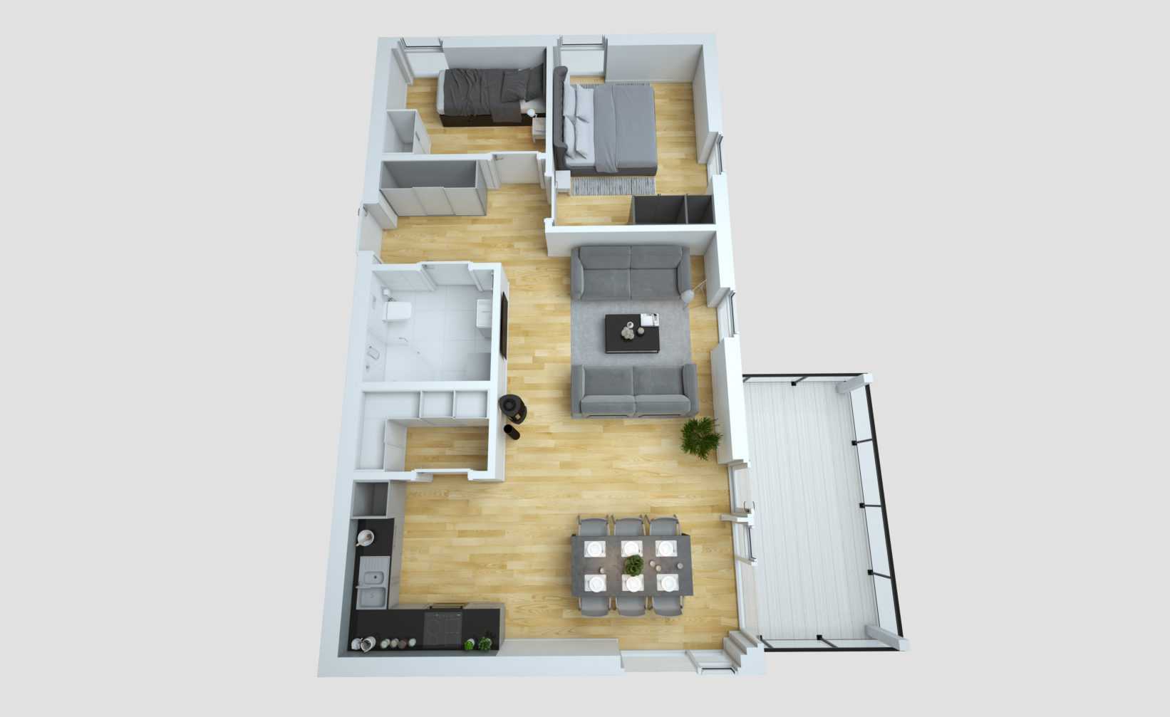Visualisering for salg av planløsning av en toroms leilighet for Klient: Opthimal i 2016.