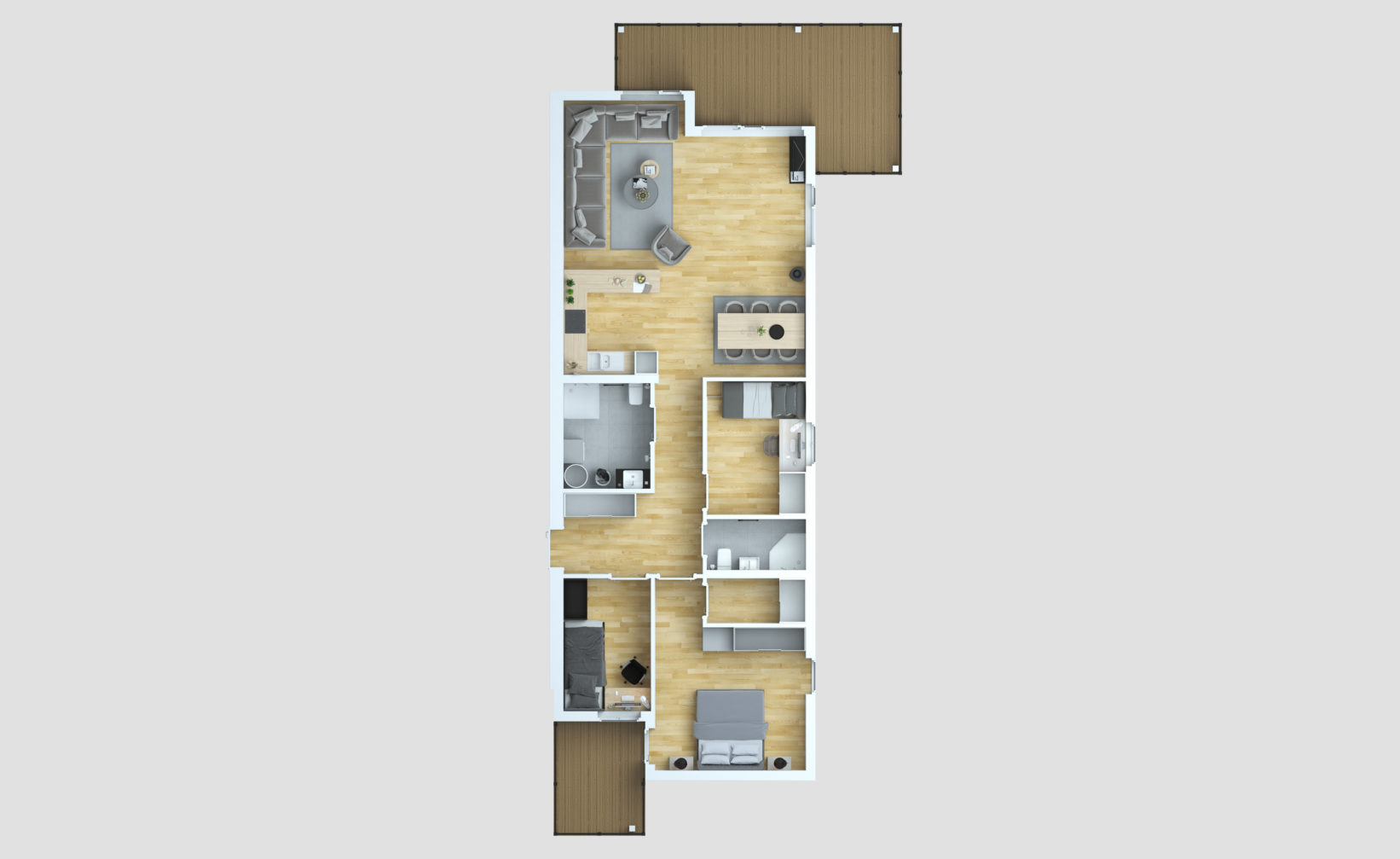 En planløsning av en to-roms leilighet laget for visualisering og salgsformål i 2016 for klient Opthimal.