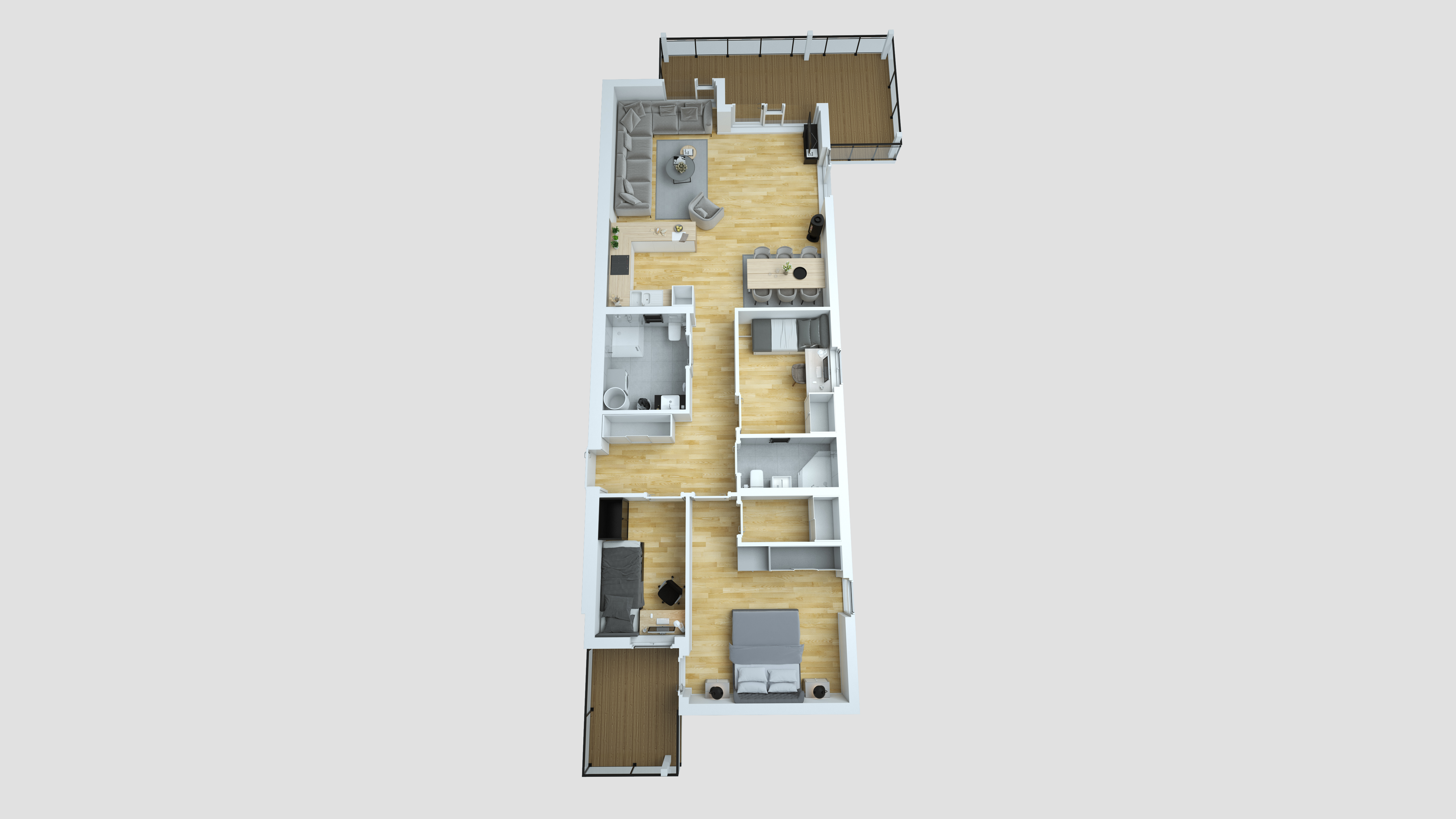 Visualisering for salg av en planløsning for to-roms leilighet laget for kunden Opthimal i 2016.