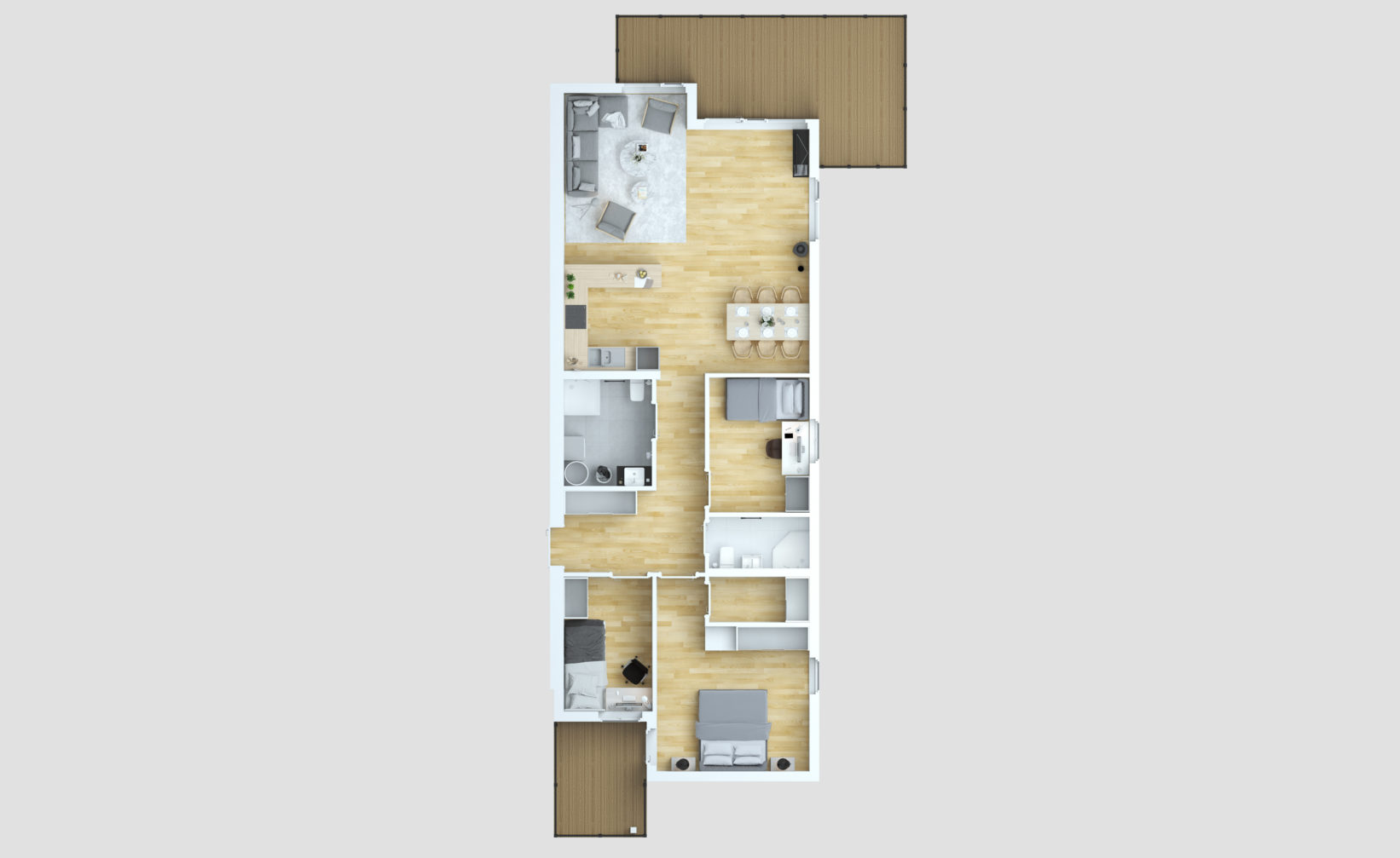 En planløsning av en to-roms leilighet opprettet i 2016 for optimal salgsvisualisering for Klient: Opthimal.