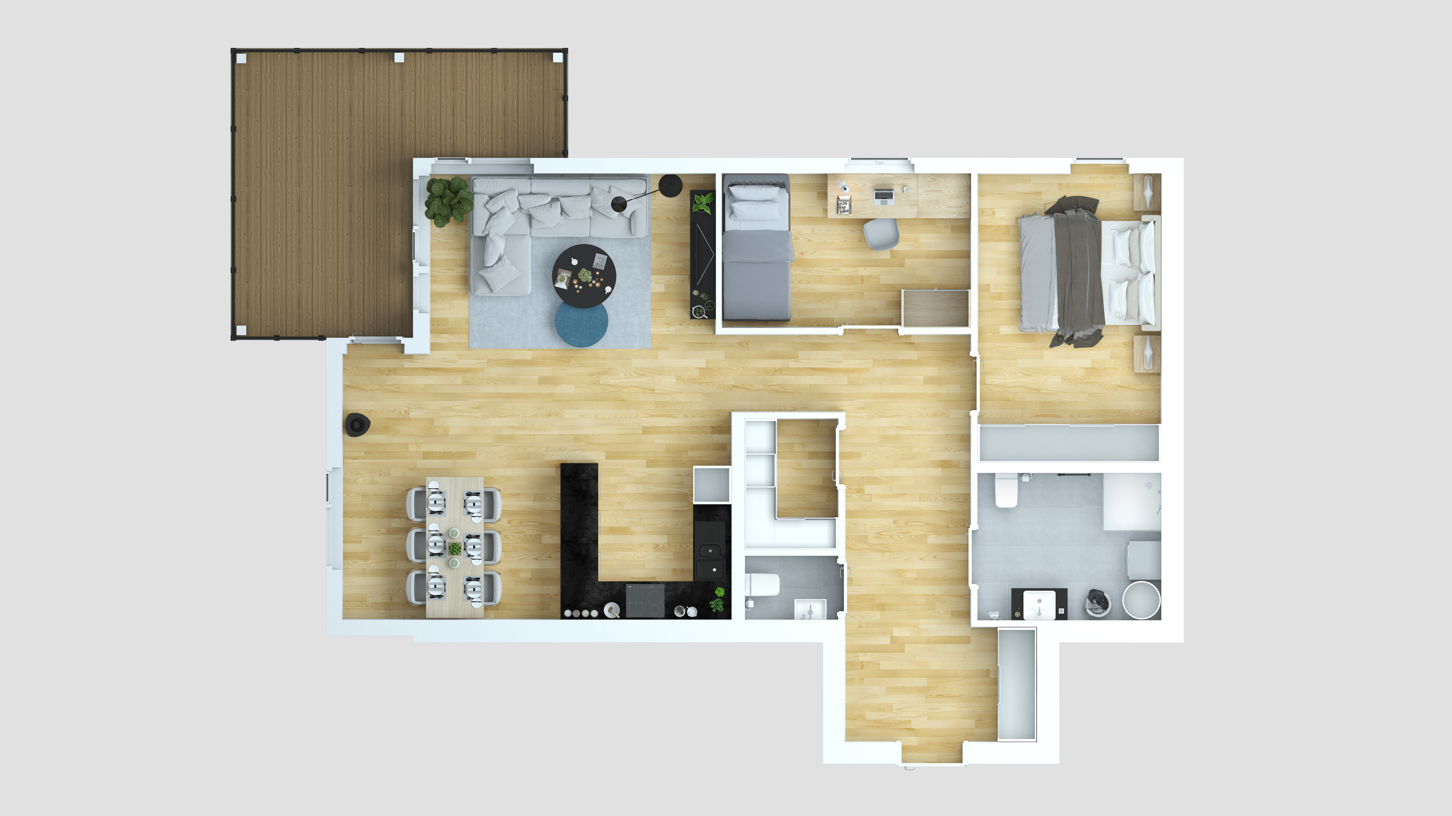 en 3D-planløsning av en toroms leilighet opprettet i 2016 for å visualisere salgsformål for Opthimal-kunden.