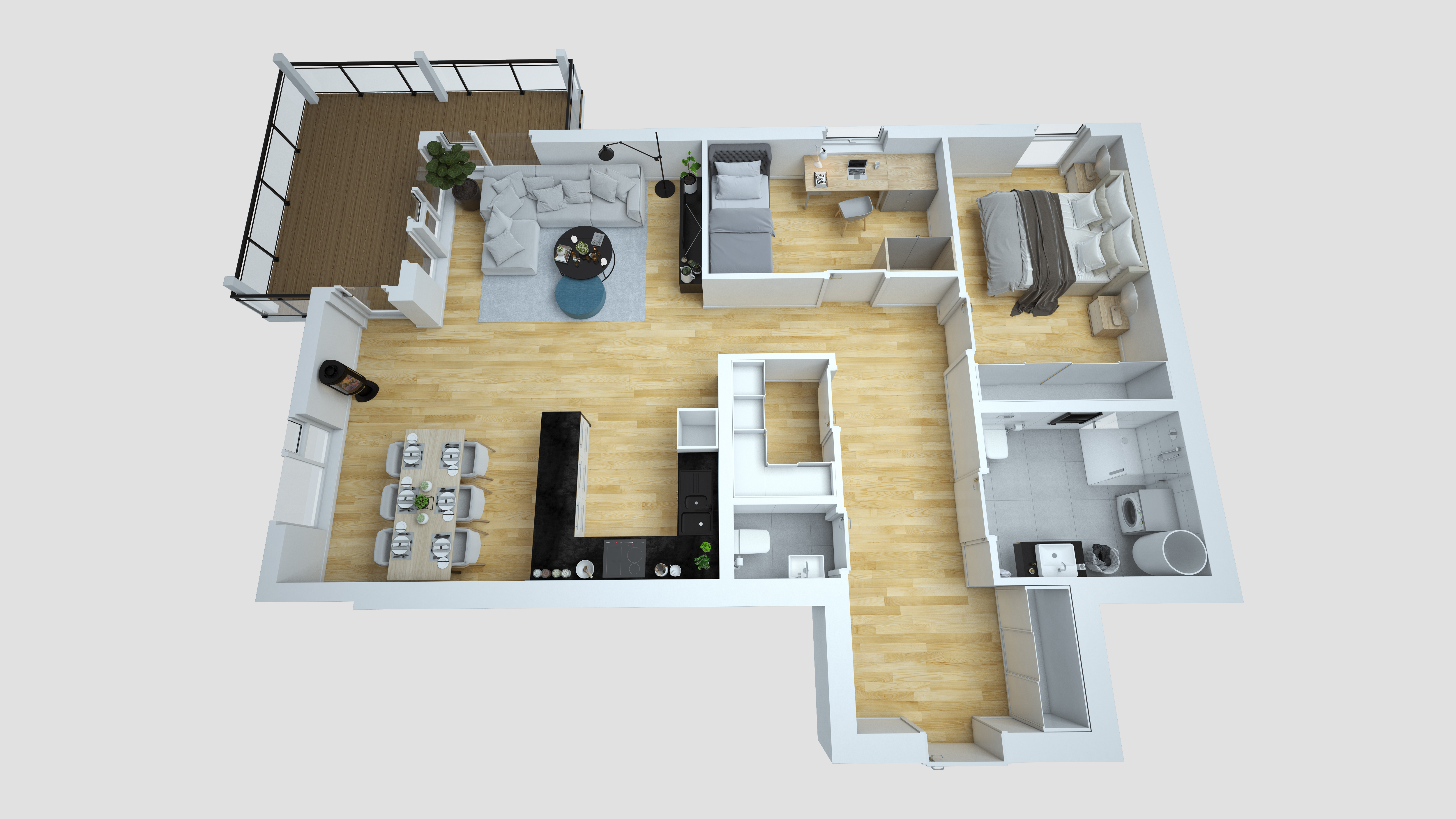 Et 3D-bilde av en planløsning med to soverom laget i 2016 for optimal kundesalgsvisualisering.