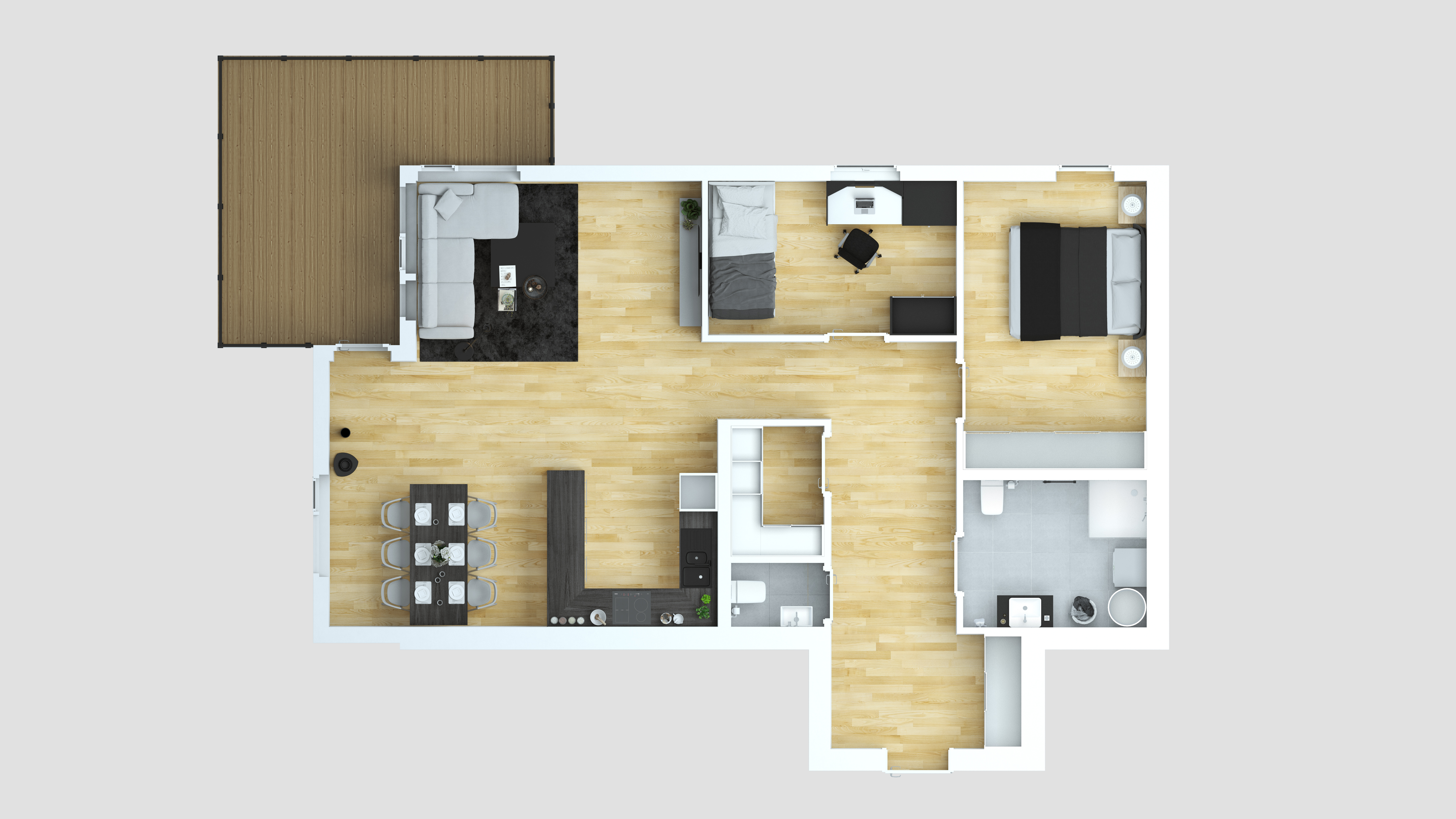 En 3d planløsning av en toroms leilighet for visualisering for salg i 2016.