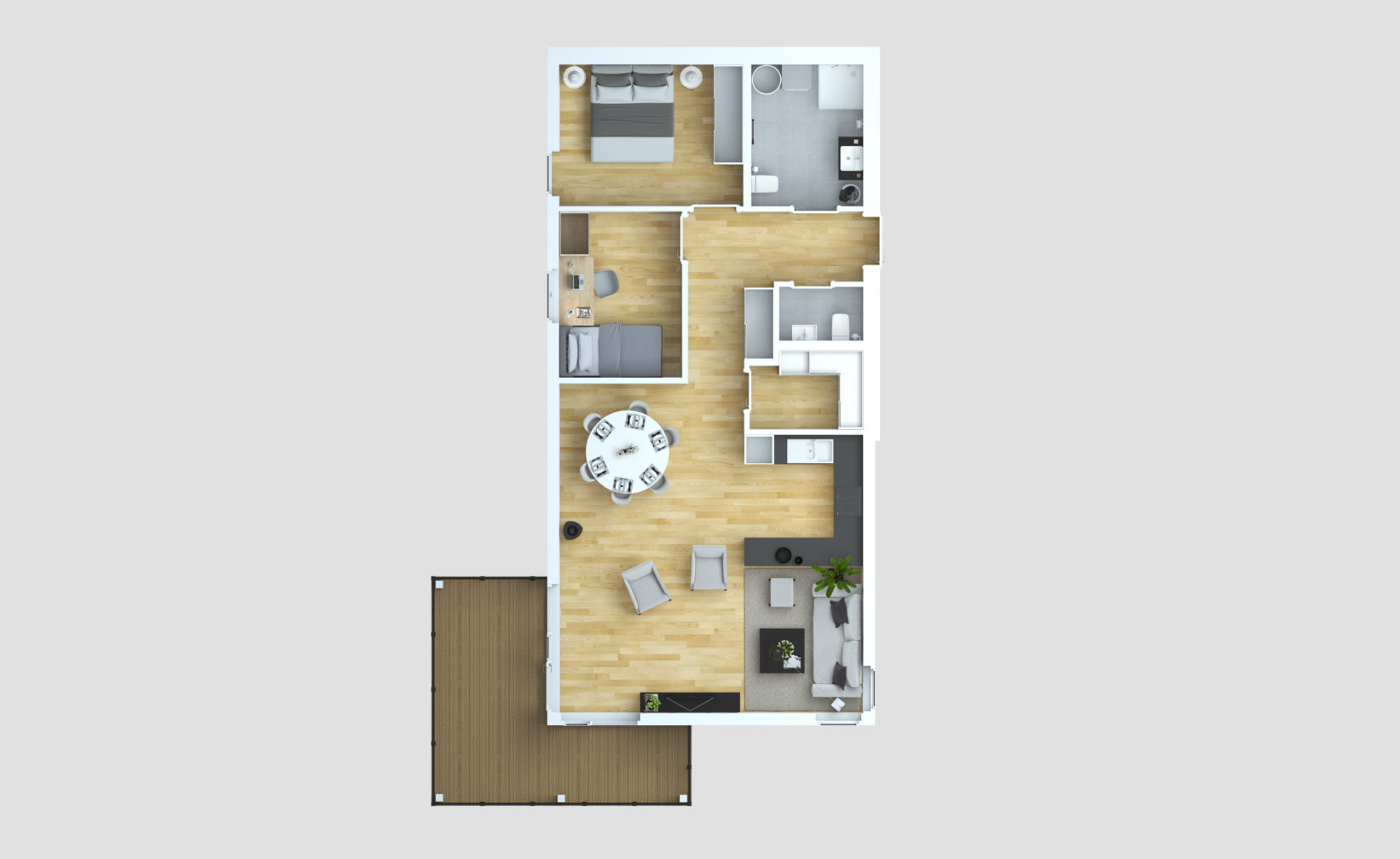 En planløsning av en to-roms leilighet designet for å visualisere salgsformål av selskapet Opthimal i 2016.